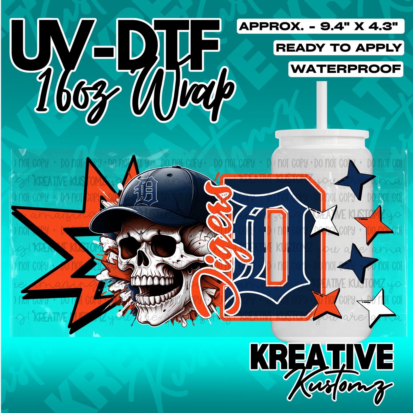 A UV DTF adhesive wrap for a 16oz glass cup featuring a skull in a baseball cap and Tigers logo.
