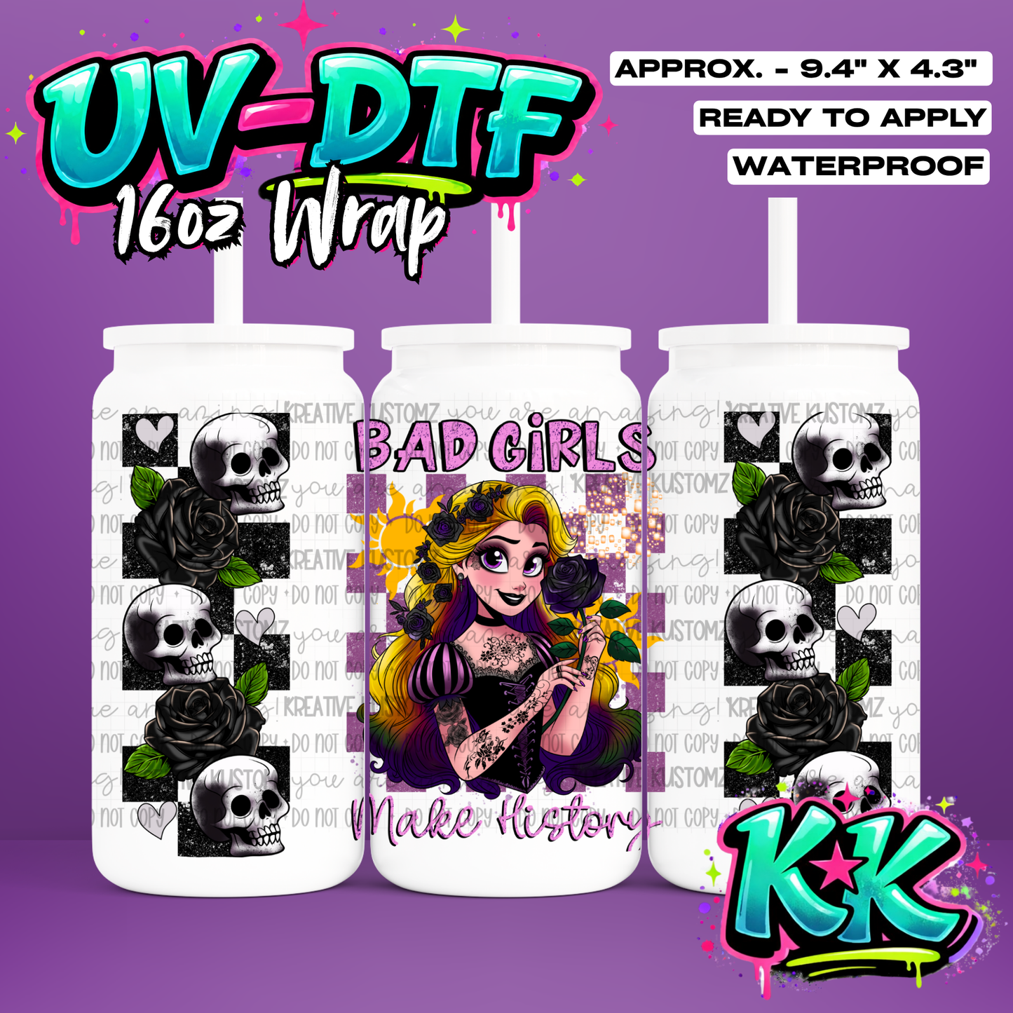 Bad Girls Blonde Design | UV DTF Cup Wrap for 16oz Libbey Glass