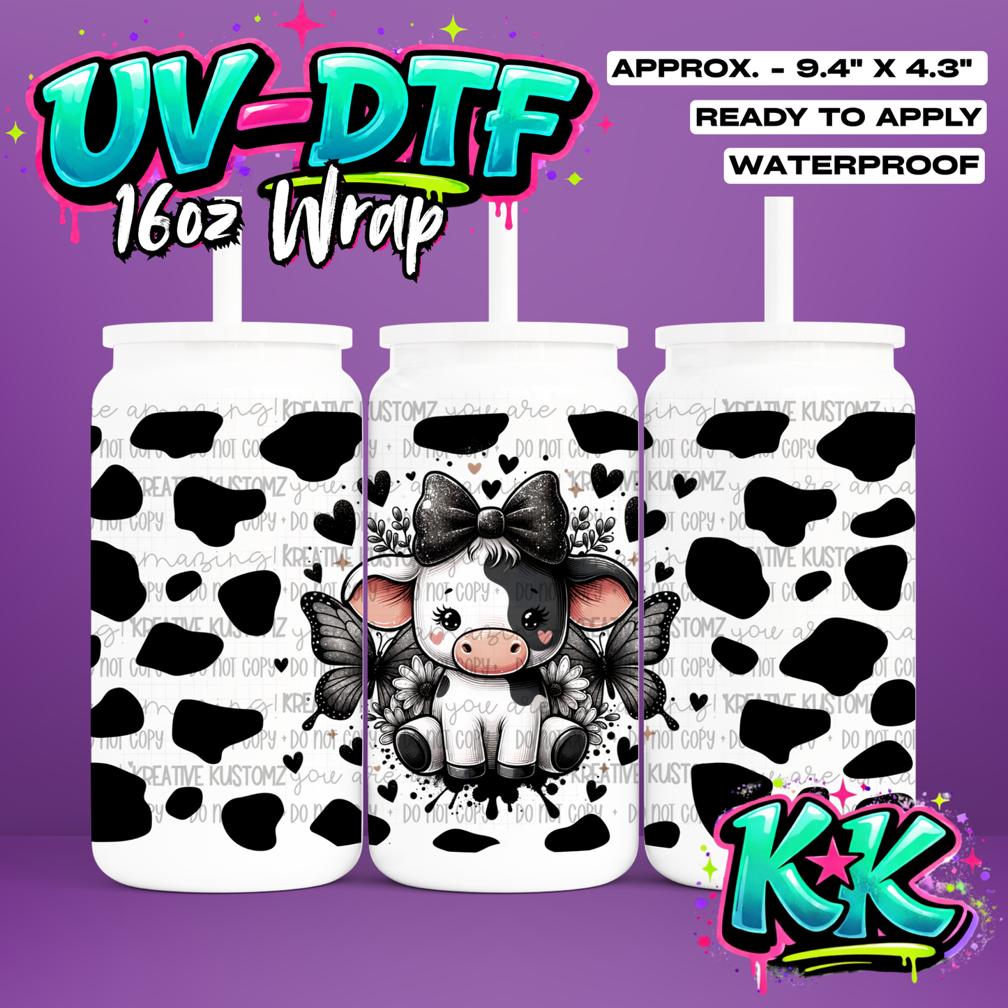 0461 | Animal Cow | UV DTF Cup Wrap for 16oz Libbey Glass