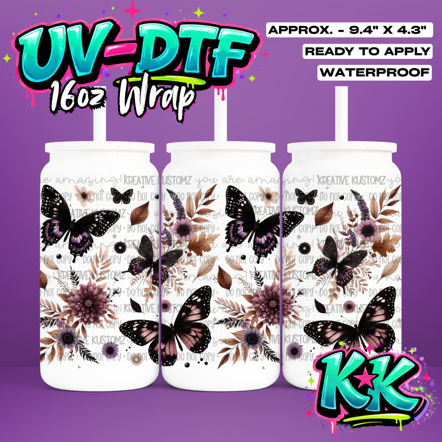 0481 | Butterfly Flower Design | UV DTF Cup Wrap for 16oz Libbey Glass