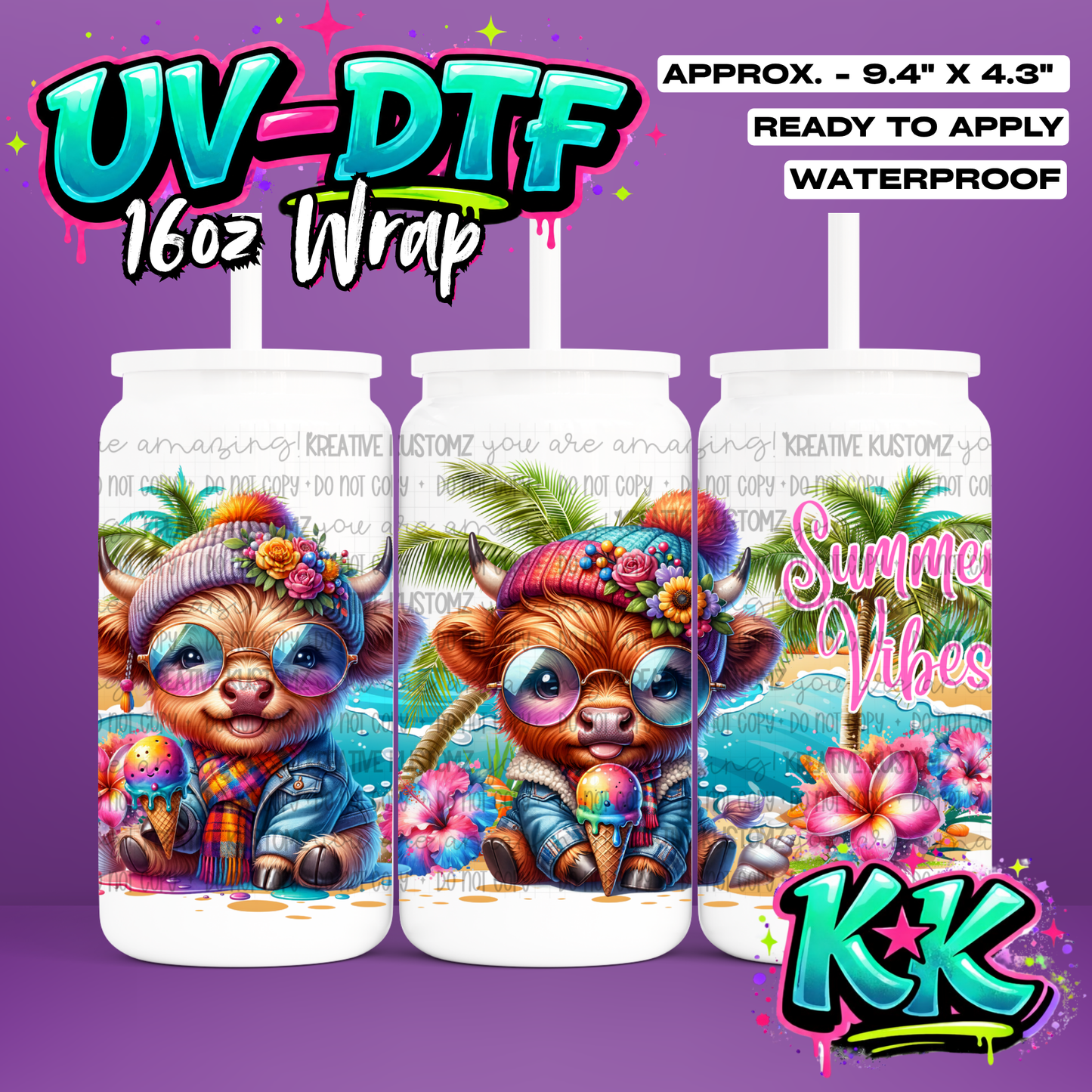 0812 | Animal Summer Cow | UV DTF Cup Wrap for 16oz Libbey Glass