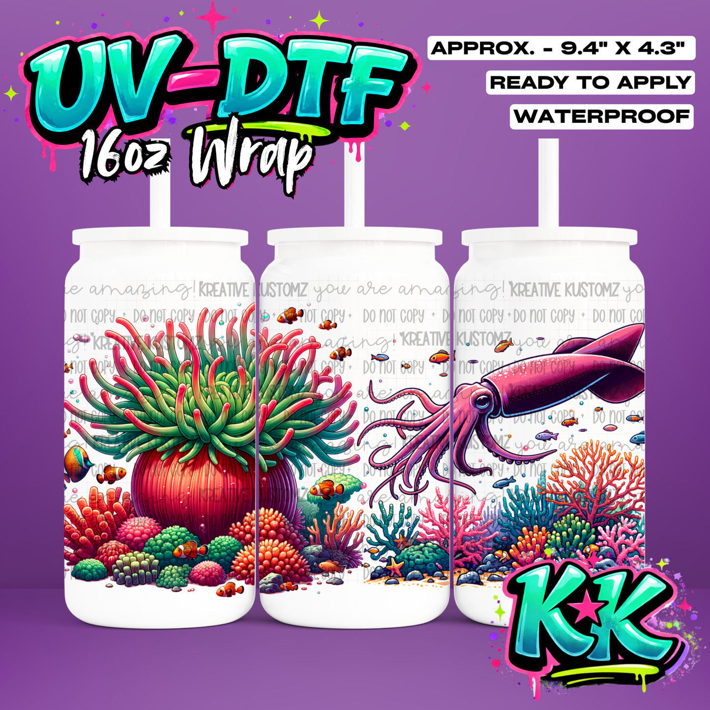 1129 | Fish Sea Design | UV DTF Cup Wrap for 16oz Libbey Glass