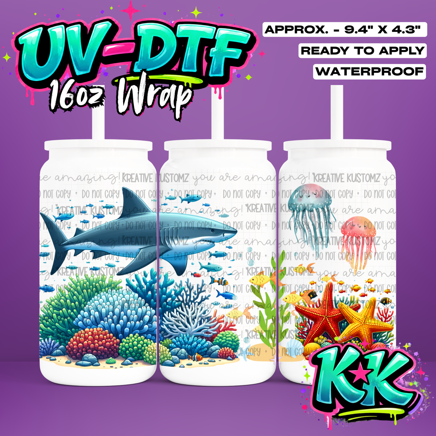 1130 | Shark Sea Design | UV DTF Cup Wrap for 16oz Libbey Glass