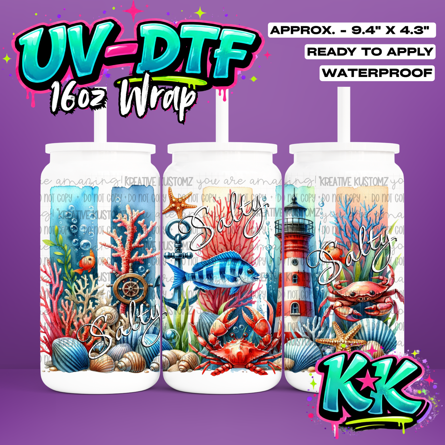 1131 | Fish Sea Design | UV DTF Cup Wrap for 16oz Libbey Glass