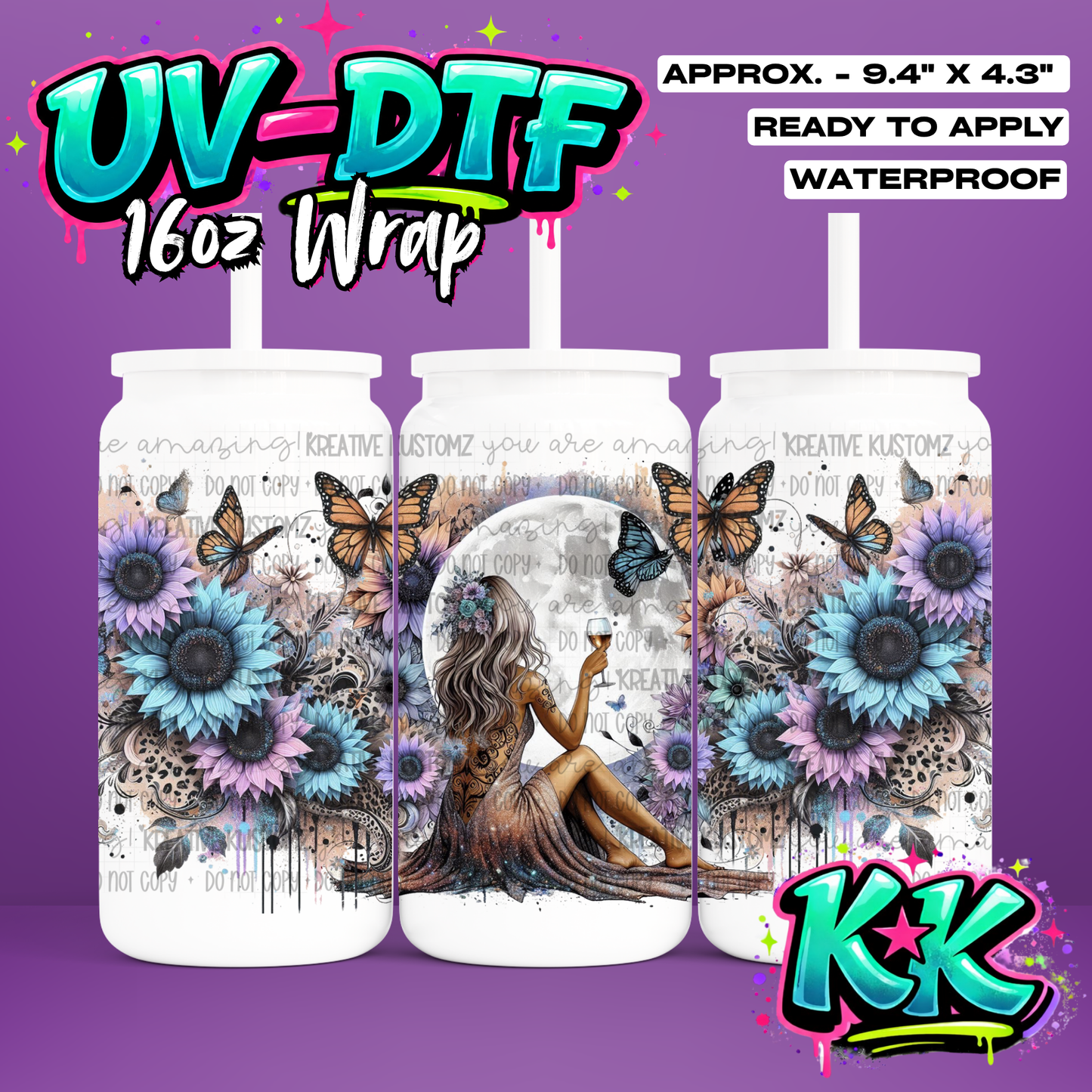Butterfly Floral Moon Design | UV DTF Cup Wrap for 16oz Libbey Glass