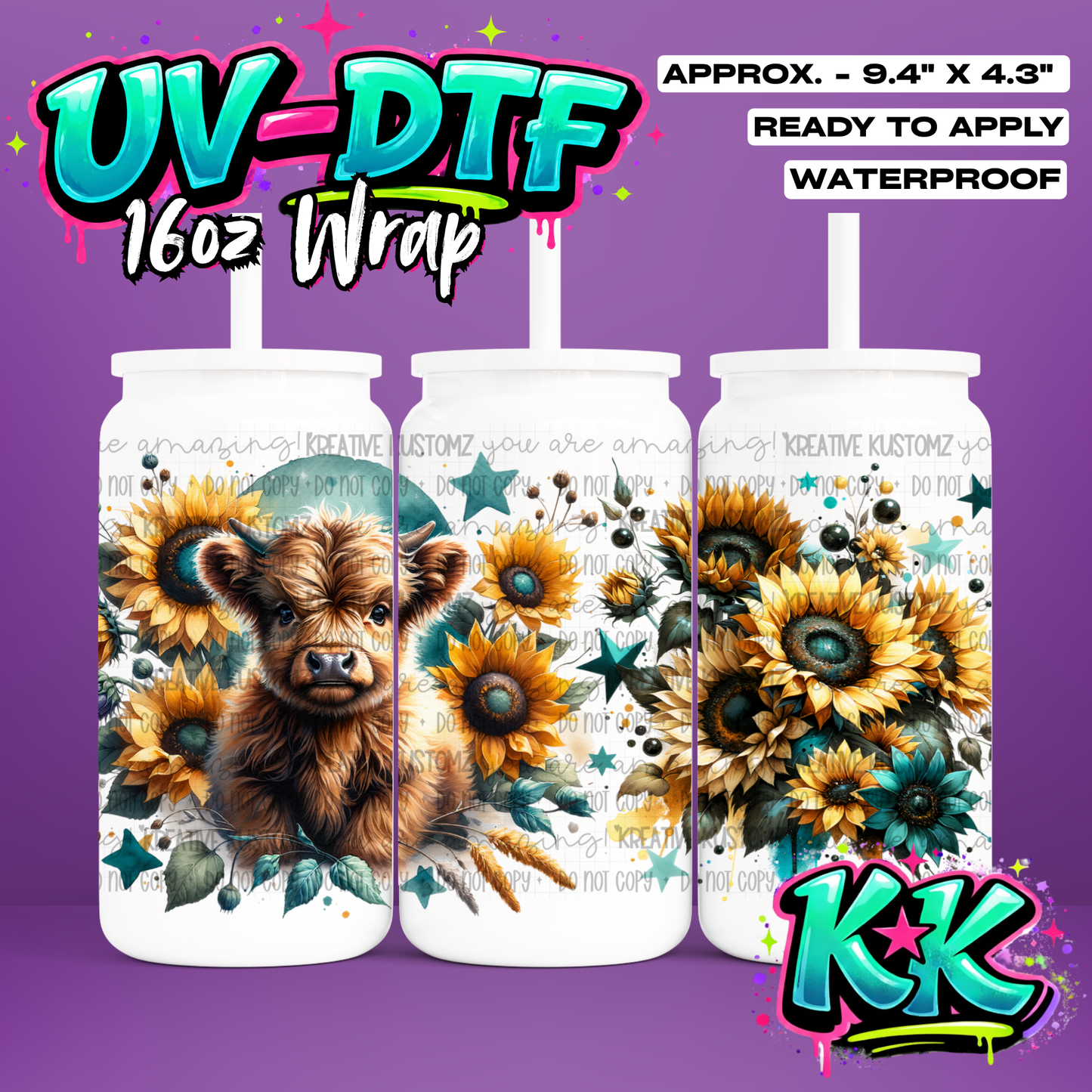 1177 | Animal Flower Cow | UV DTF Cup Wrap for 16oz Libbey Glass