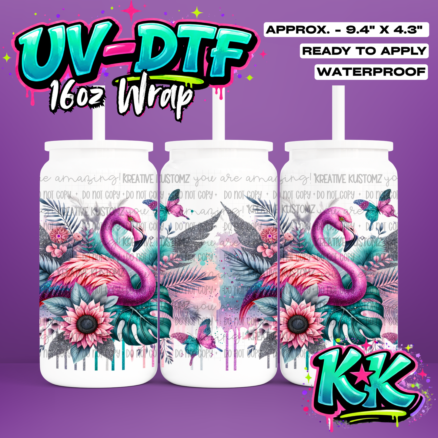 1194 | Flamingo Design | UV DTF Cup Wrap for 16oz Libbey Glass