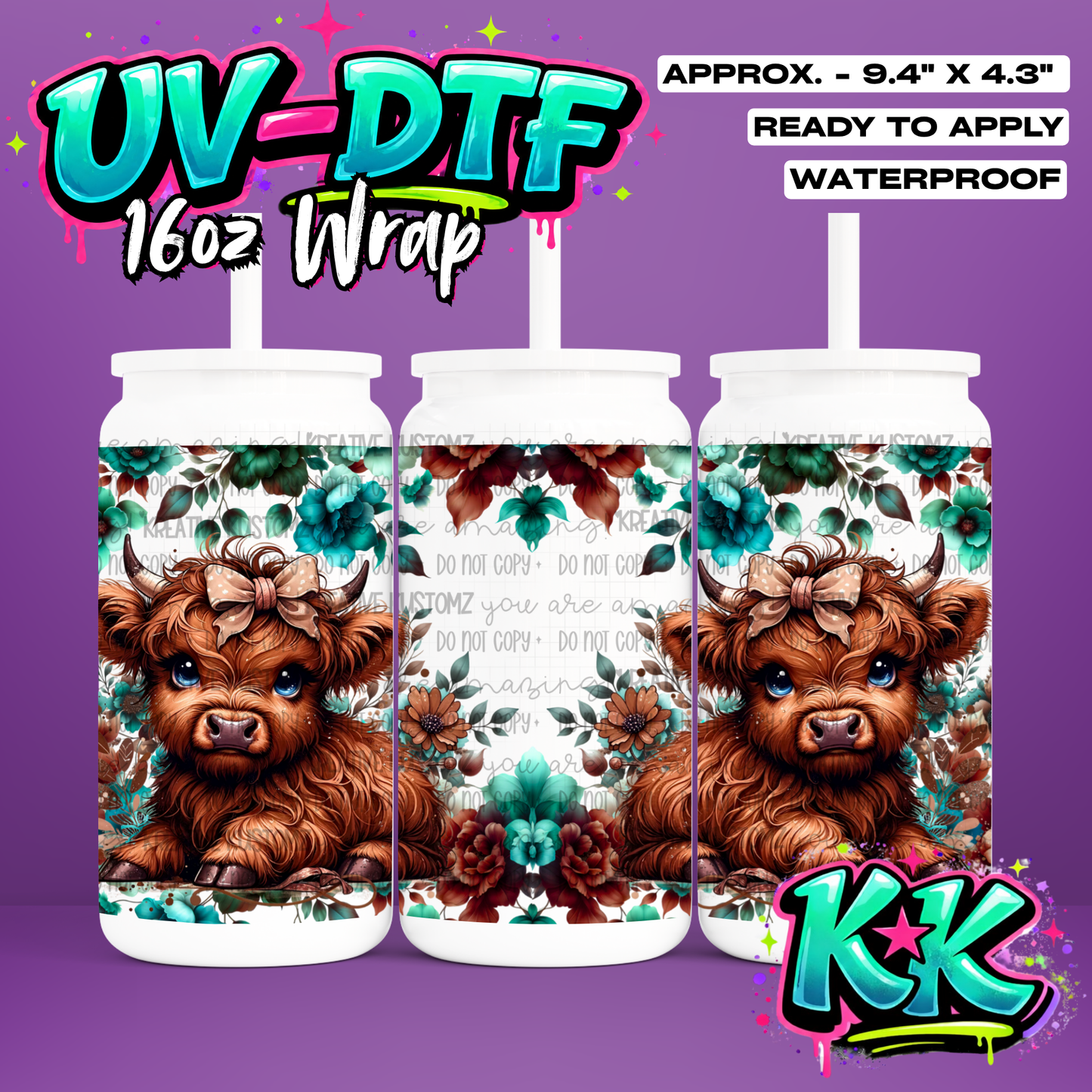 1198 | Animal Flower Cow | UV DTF Cup Wrap for 16oz Libbey Glass