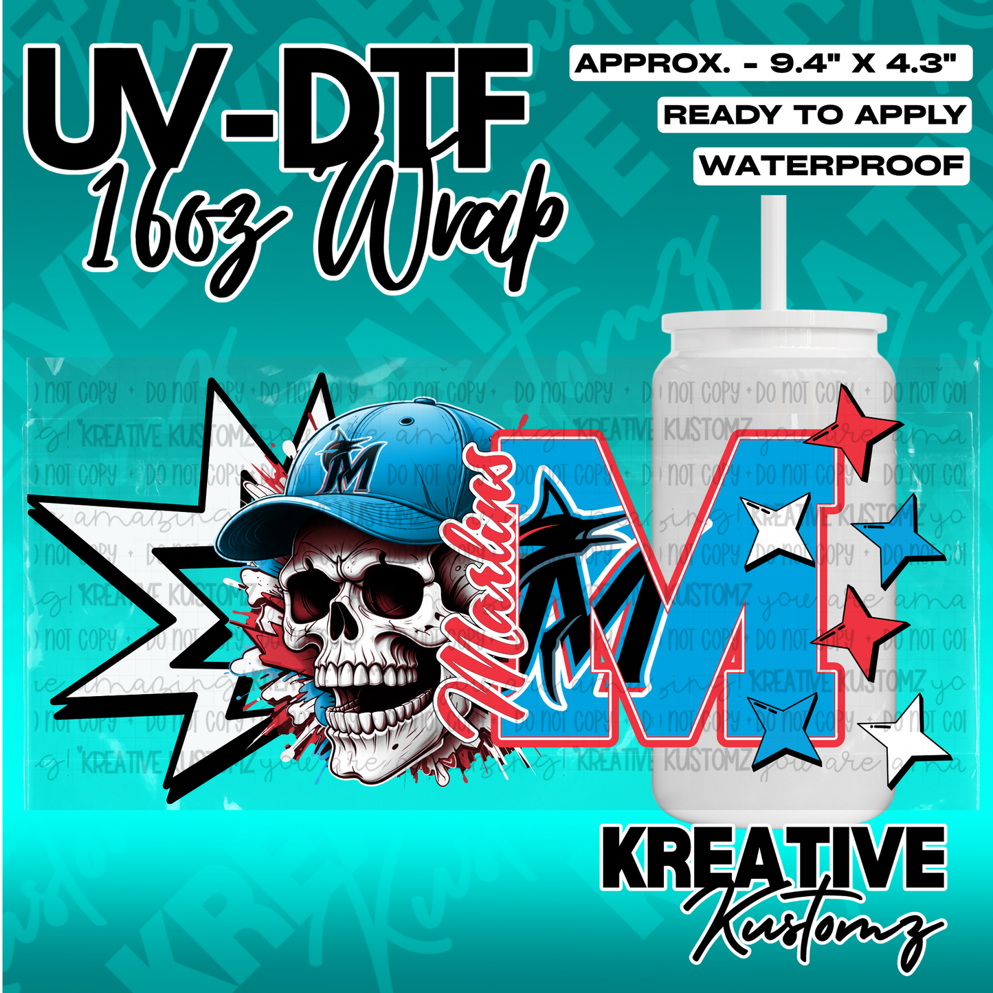 A Miami Marlins themed UV DTF adhesive wrap for a 16oz glass cup featuring a skull and logo.