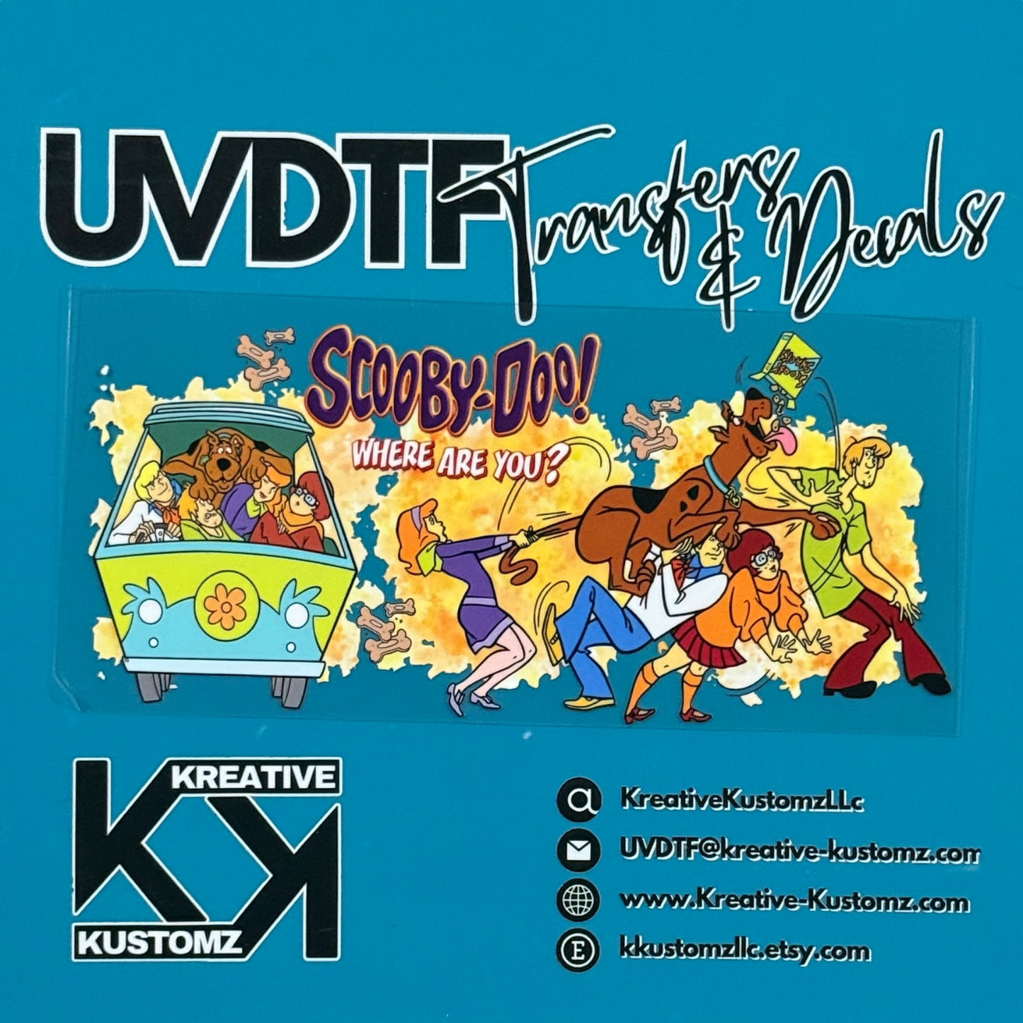 A Scooby-Doo themed UV DTF adhesive cup wrap featuring the Mystery Machine and gang.