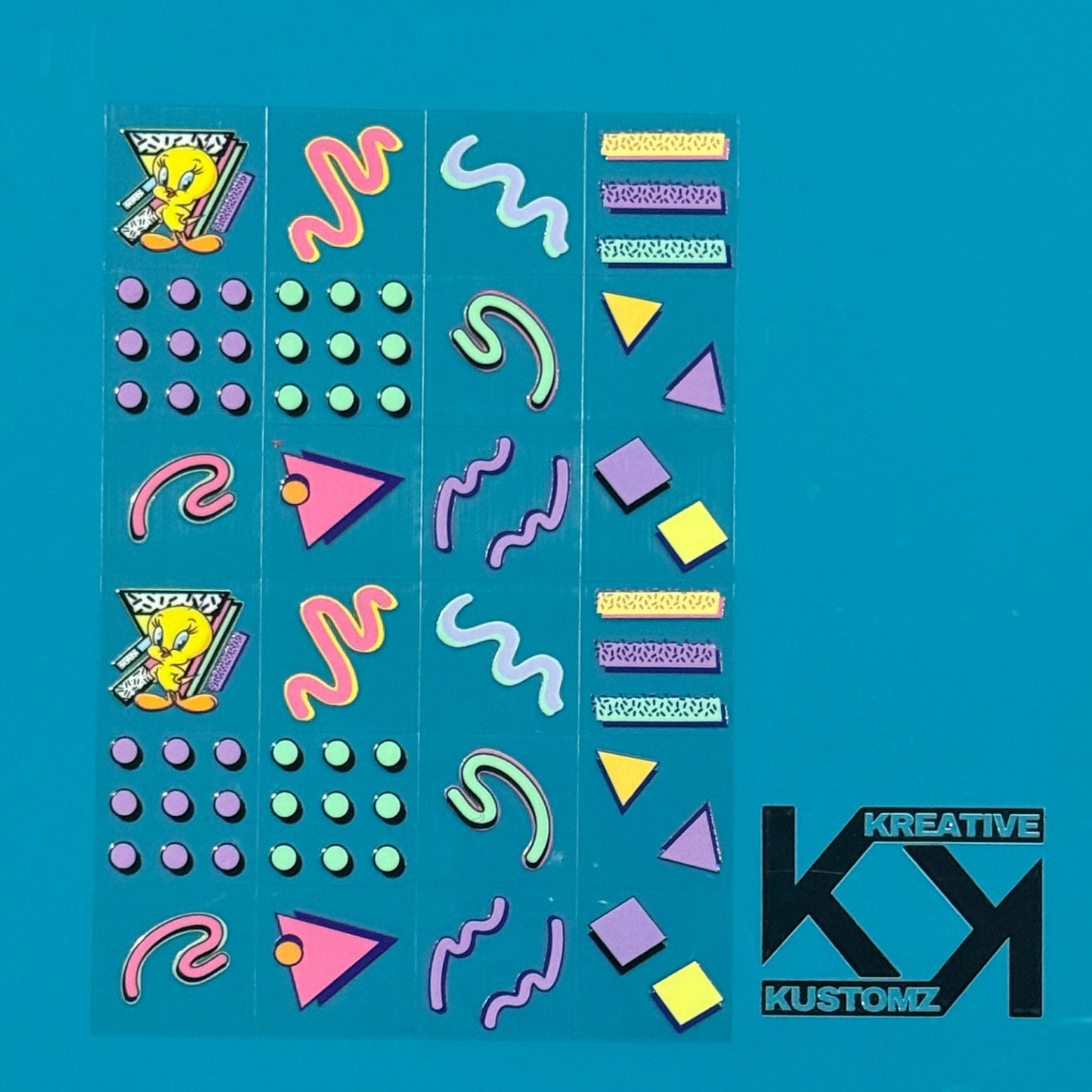 An A5 sheet of 90s-style colorful geometric and Tweety Bird UV DTF adhesive decals.