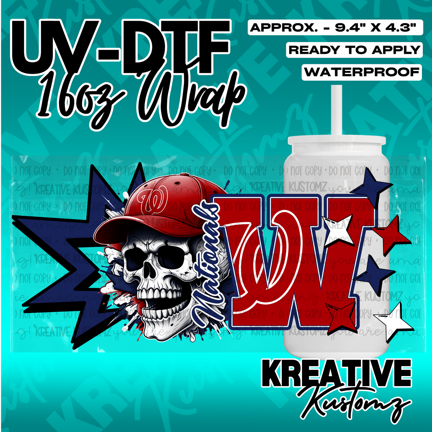 A UV DTF adhesive wrap for 16oz glass cans featuring a skull in a baseball cap and a large W logo.