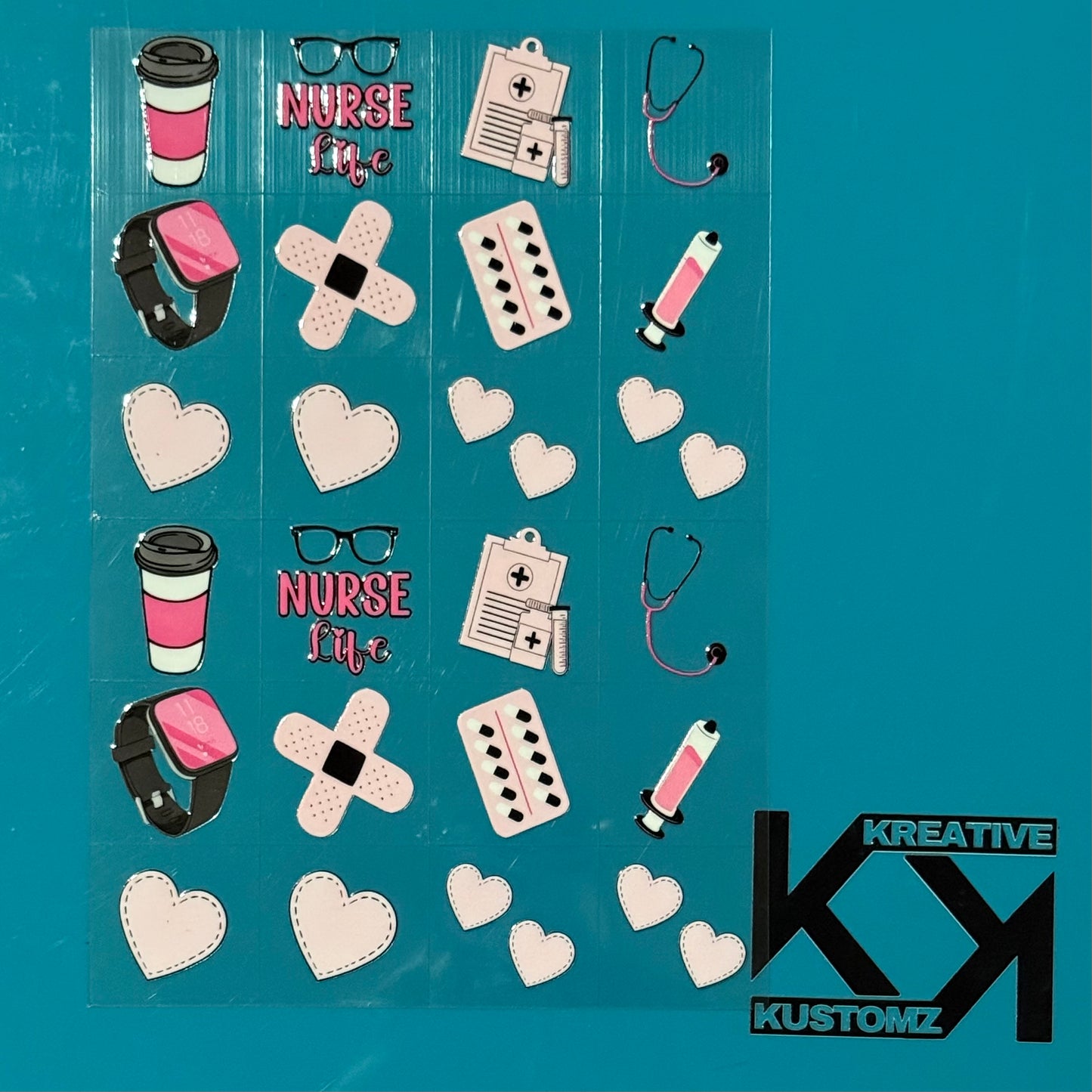 An A5 sheet of 24 precut pink and black nurse-themed UV DTF decals on a teal background.