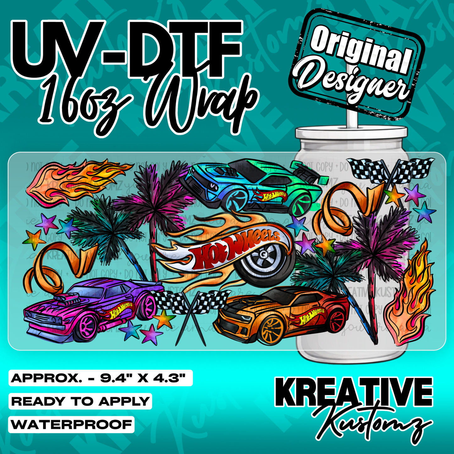 Neon Hot Cars Design | UV DTF Cup Wrap for 16oz Libbey Glass