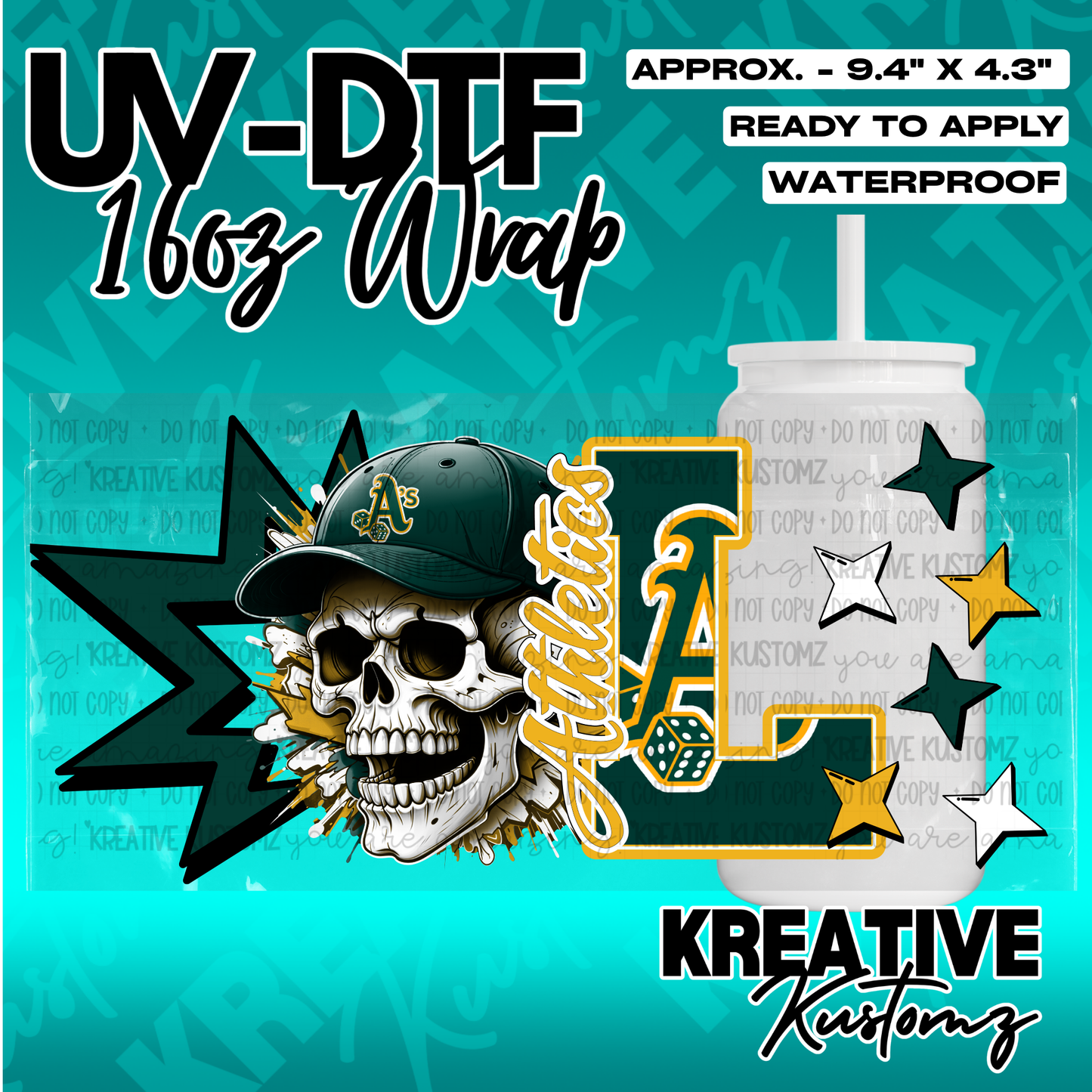 A UV DTF adhesive wrap for 16oz glass cans featuring a skull wearing an Athletics baseball cap.