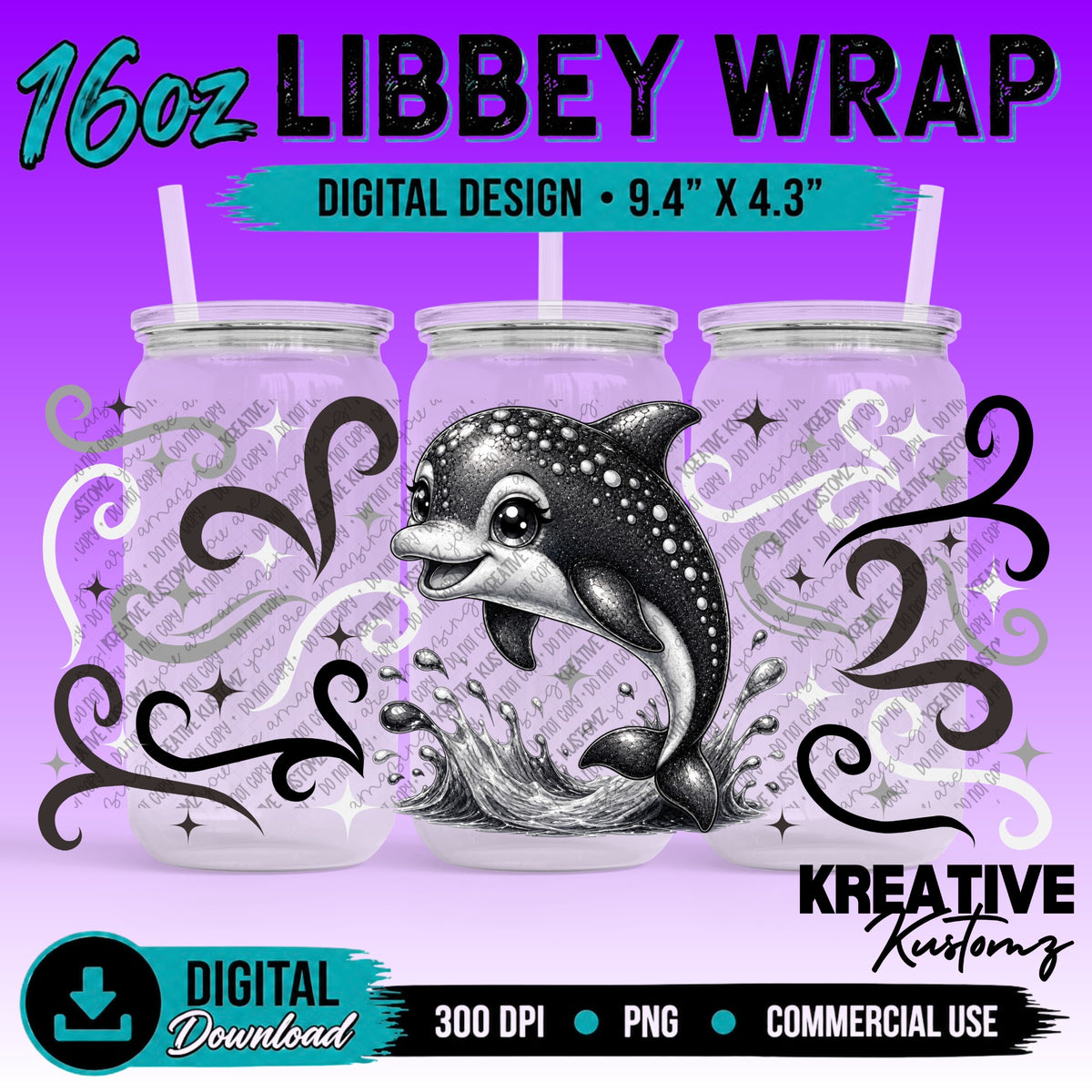 Cute Dolphins| 16oz Libbey Glass Can Wrap PNG - Digital Download Bundle