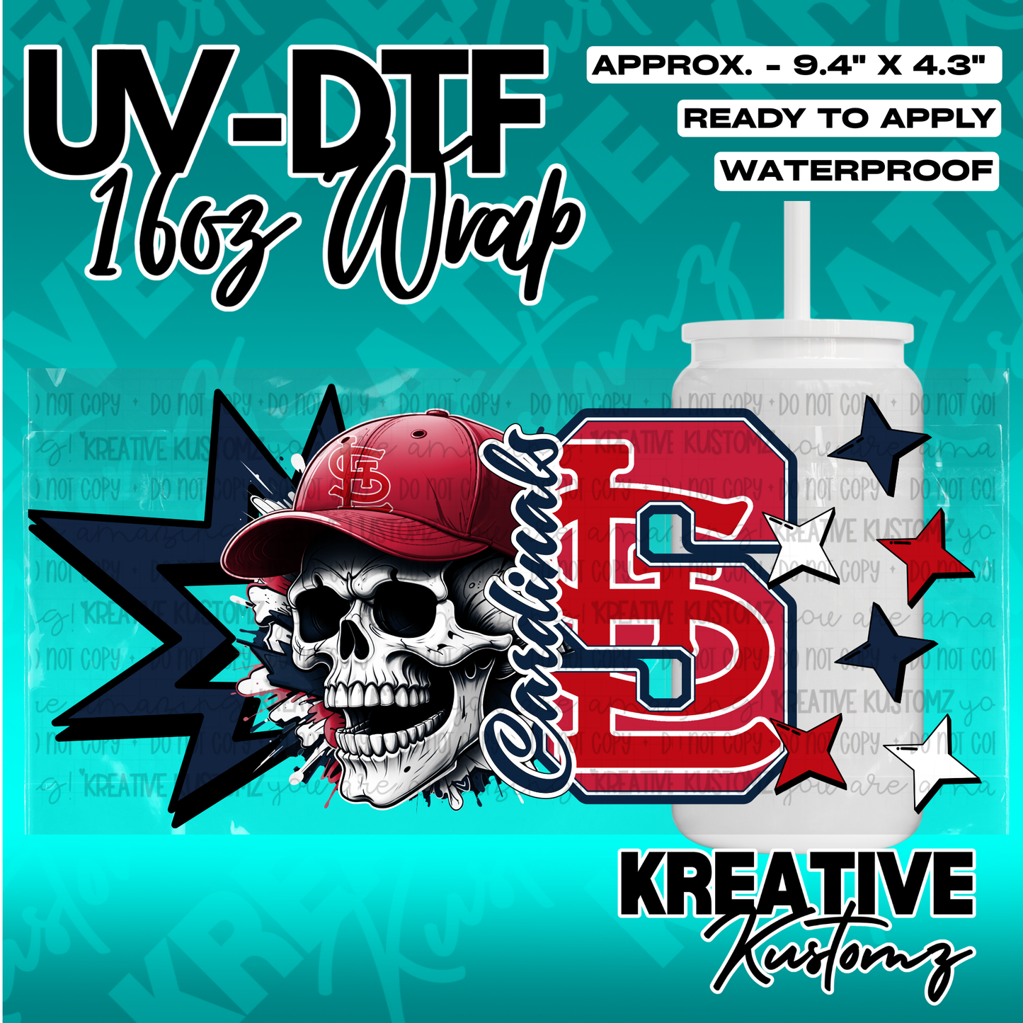 A UV DTF adhesive wrap for 16oz glass cans featuring a skull in a Cardinals baseball cap.