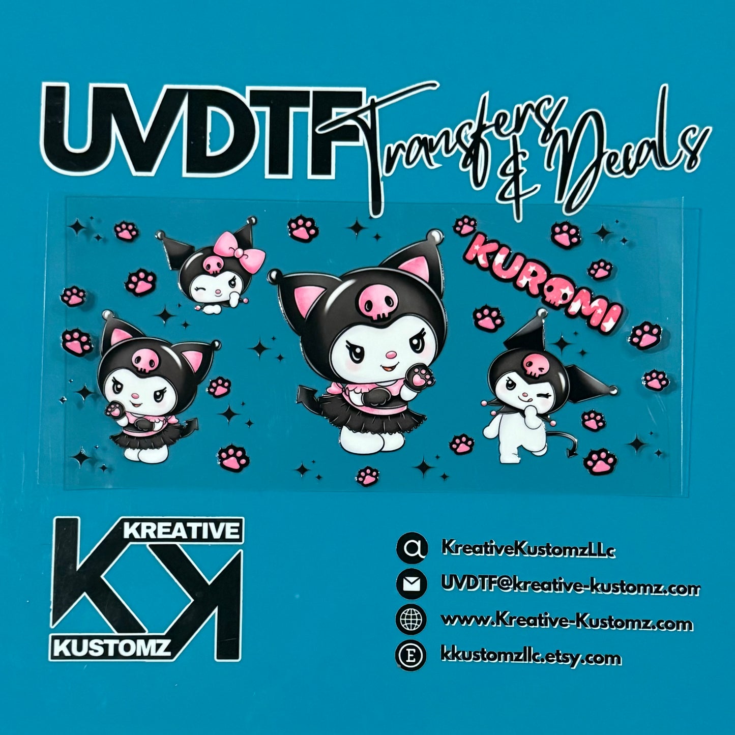 A Kuromi themed UV DTF adhesive cup wrap featuring four character designs and paw prints.