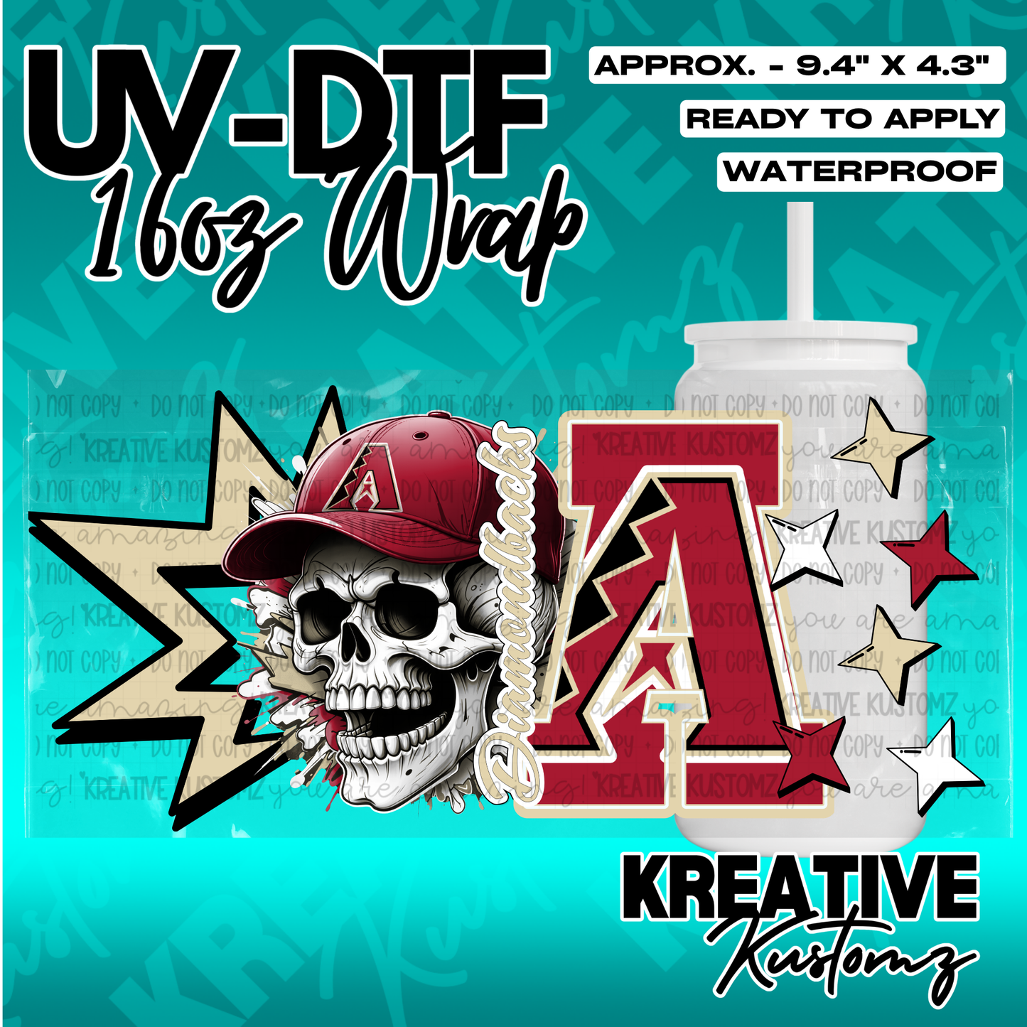 A UV DTF adhesive wrap for a 16oz glass cup featuring a skull in a baseball cap and a large letter A.