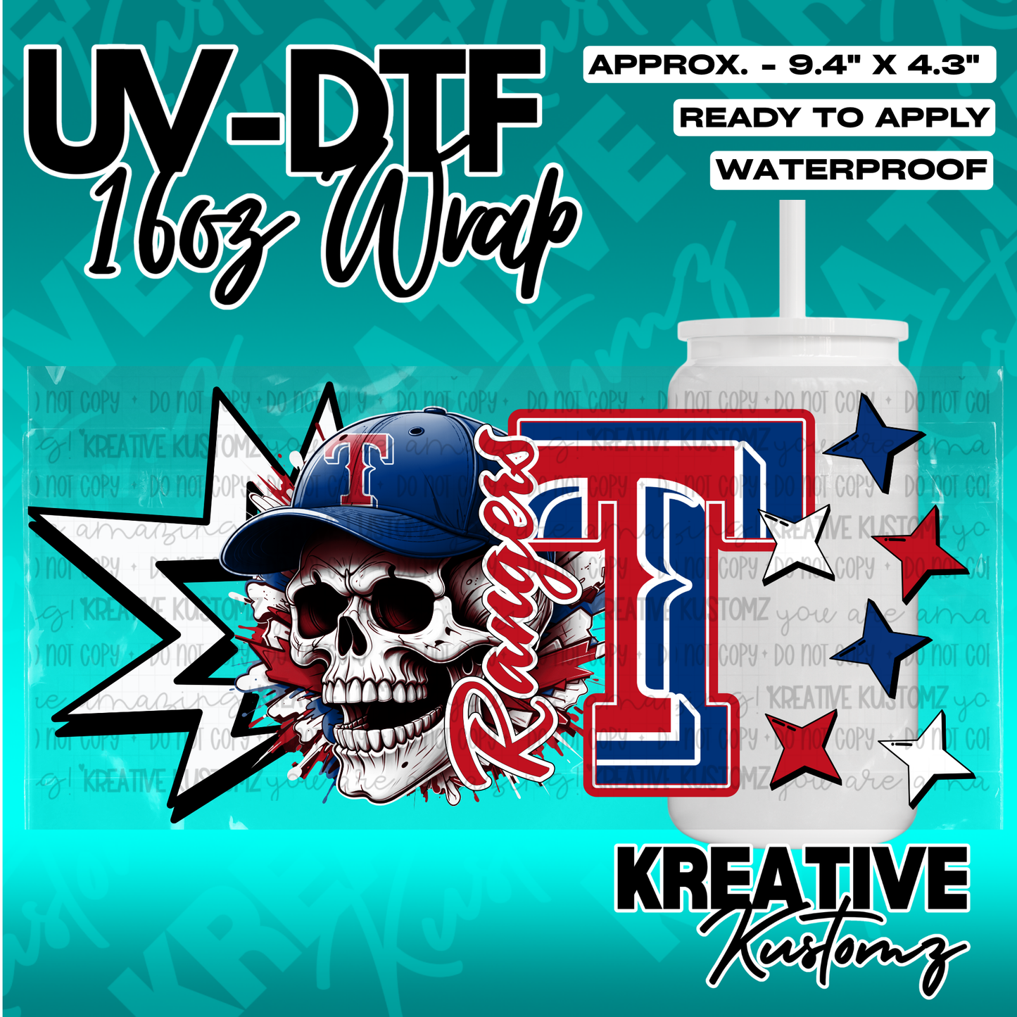 A UV DTF cup wrap featuring a skull wearing a baseball cap and a large letter T logo.