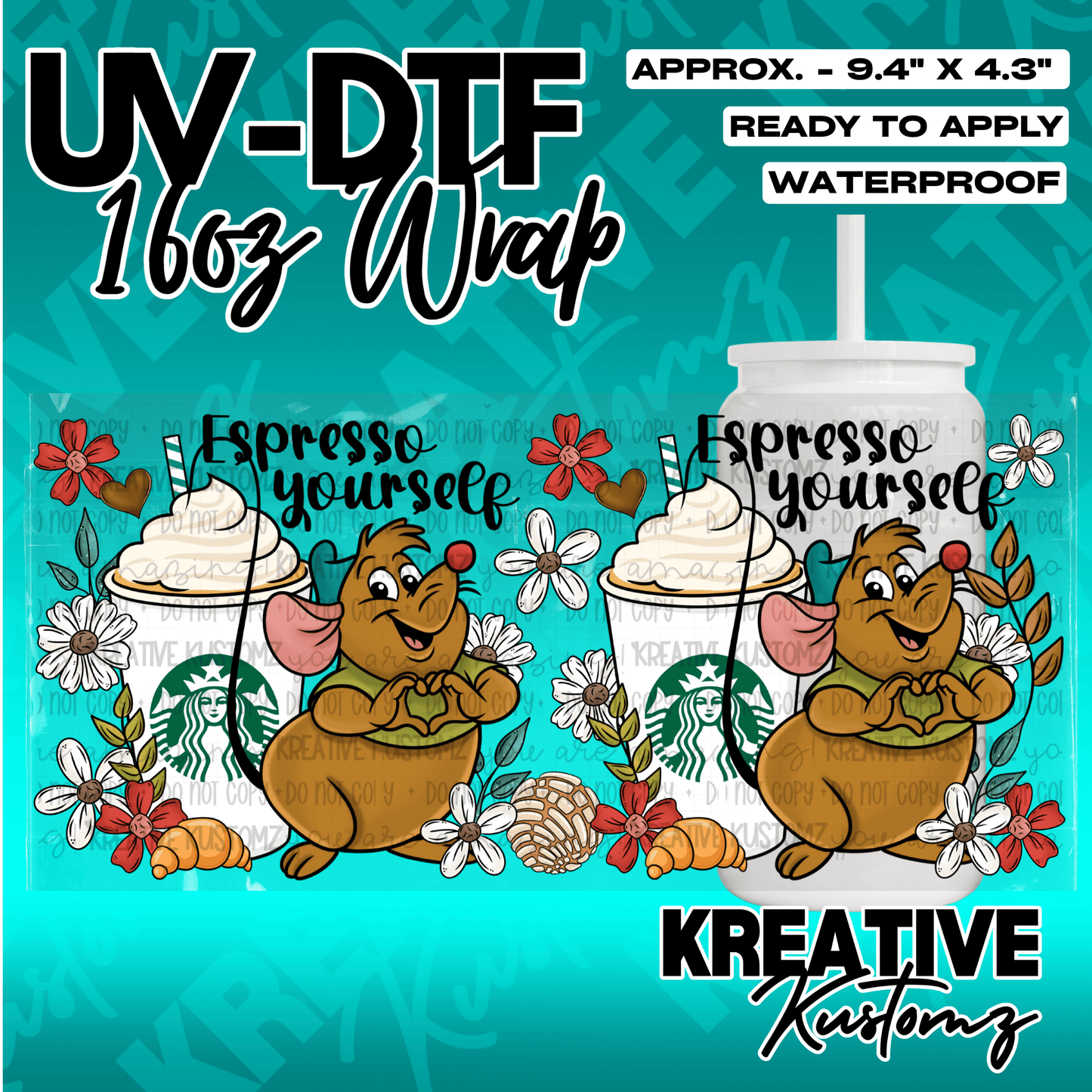 A UV DTF cup wrap featuring a cartoon mouse, coffee drinks, and flowers for a 16oz glass can.
