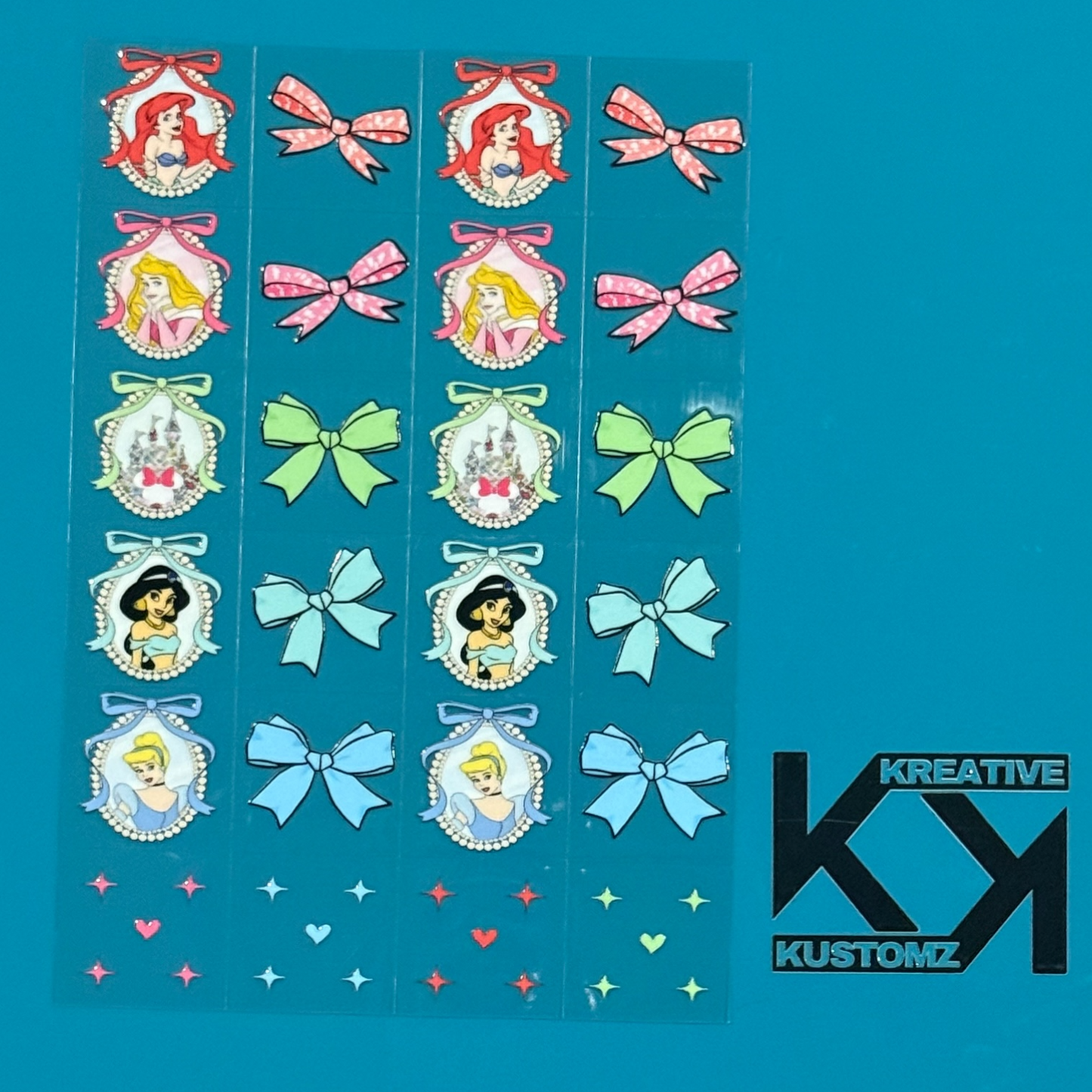 An A5 sheet of Disney princess and bow-themed UV DTF decals with small heart and star accents.