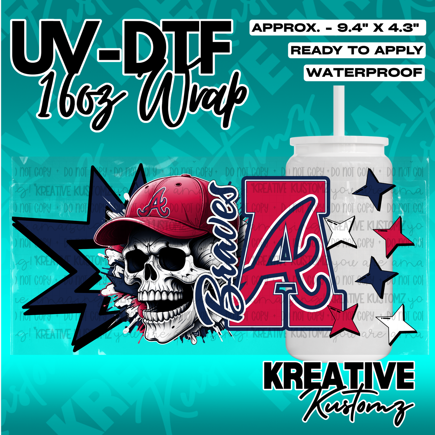 A UV DTF cup wrap featuring a skull wearing a red baseball cap and a large letter A logo.