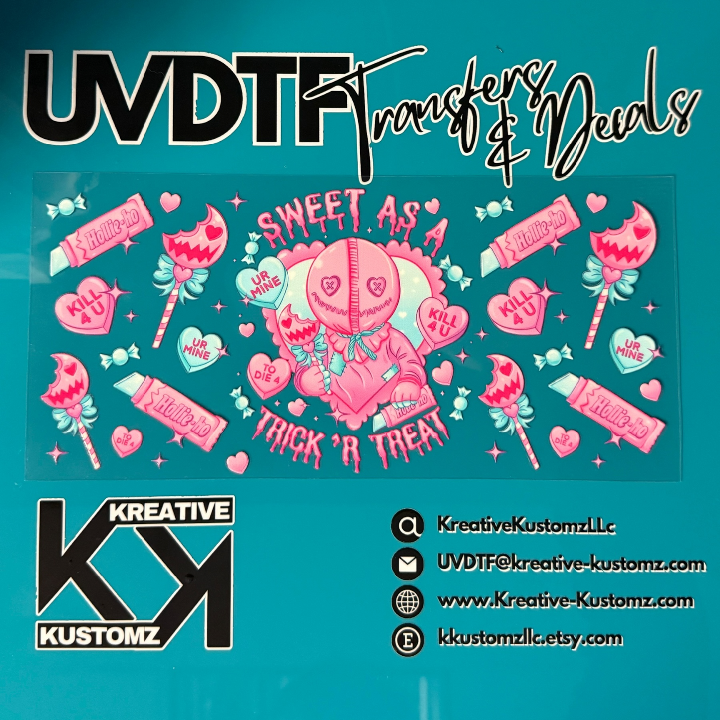 A pink Halloween themed UV DTF cup wrap featuring a character, candy, and hearts on a teal surface.
