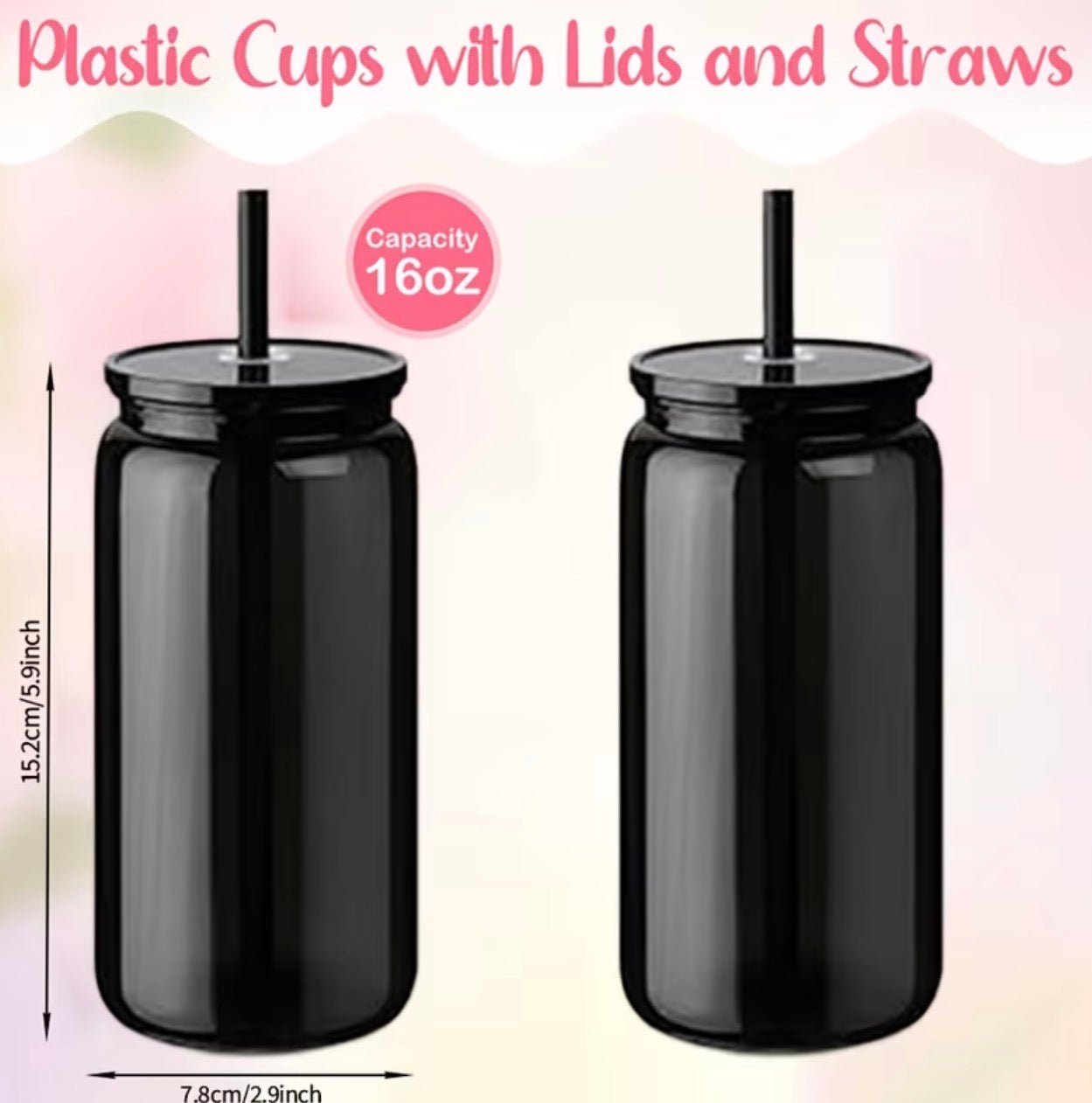 Two black acrylic beer can tumblers with matching lids and straws, each with a 16oz capacity.