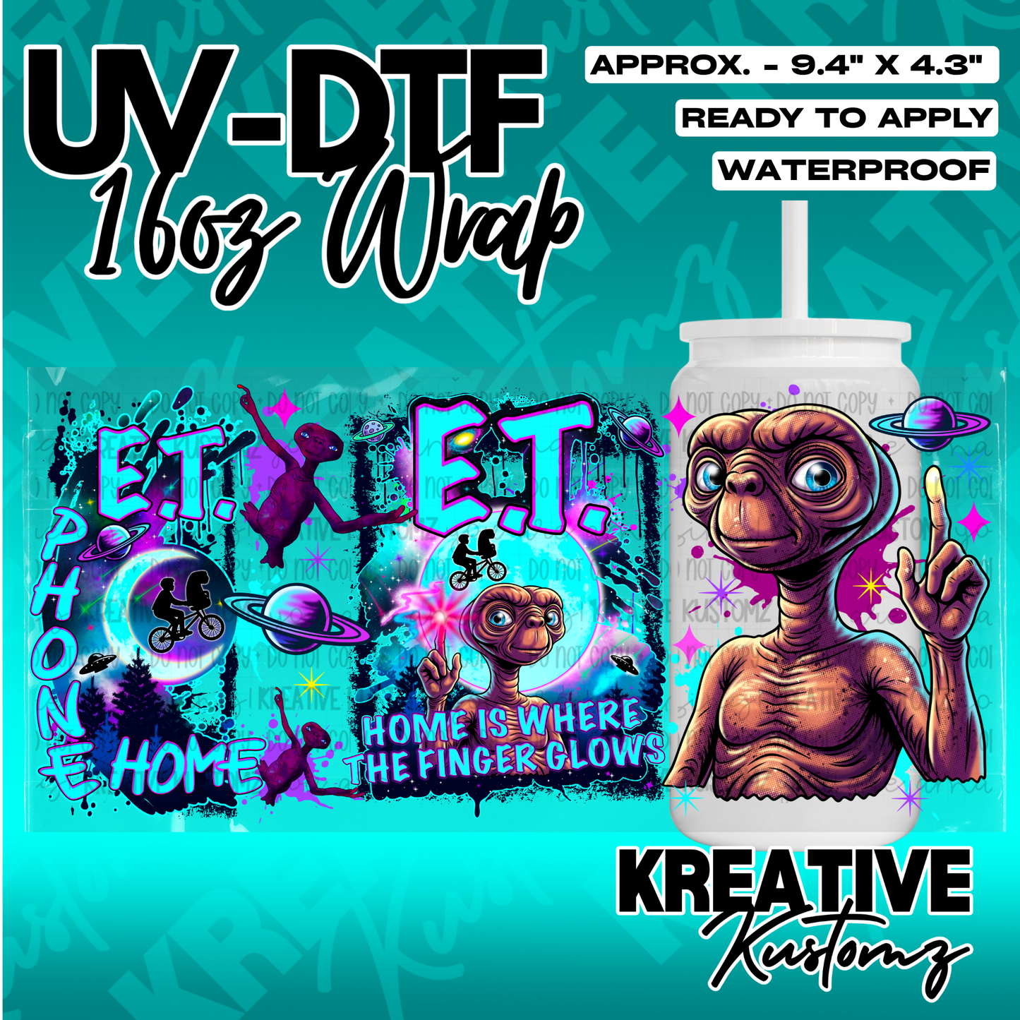 Vibrant E.T. themed UV DTF adhesive cup wrap for a 16oz glass can with colorful space graphics.