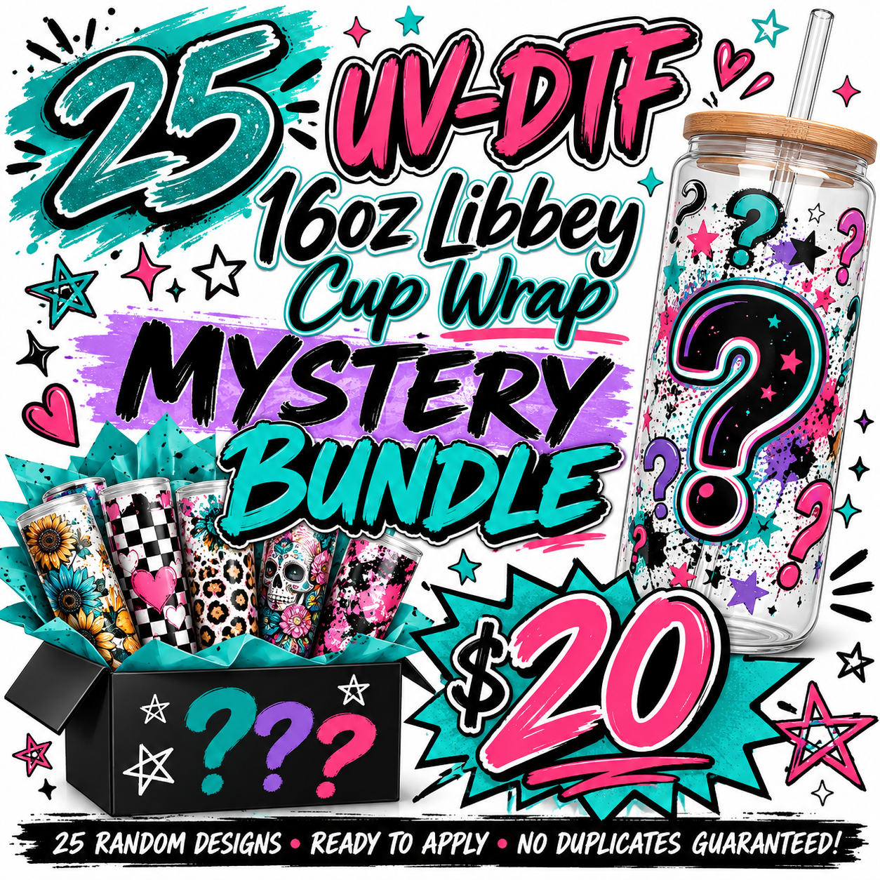 25 UV-DTF 16oz Libbey Cup Wrap Mystery Bundle – ONLY $20!
