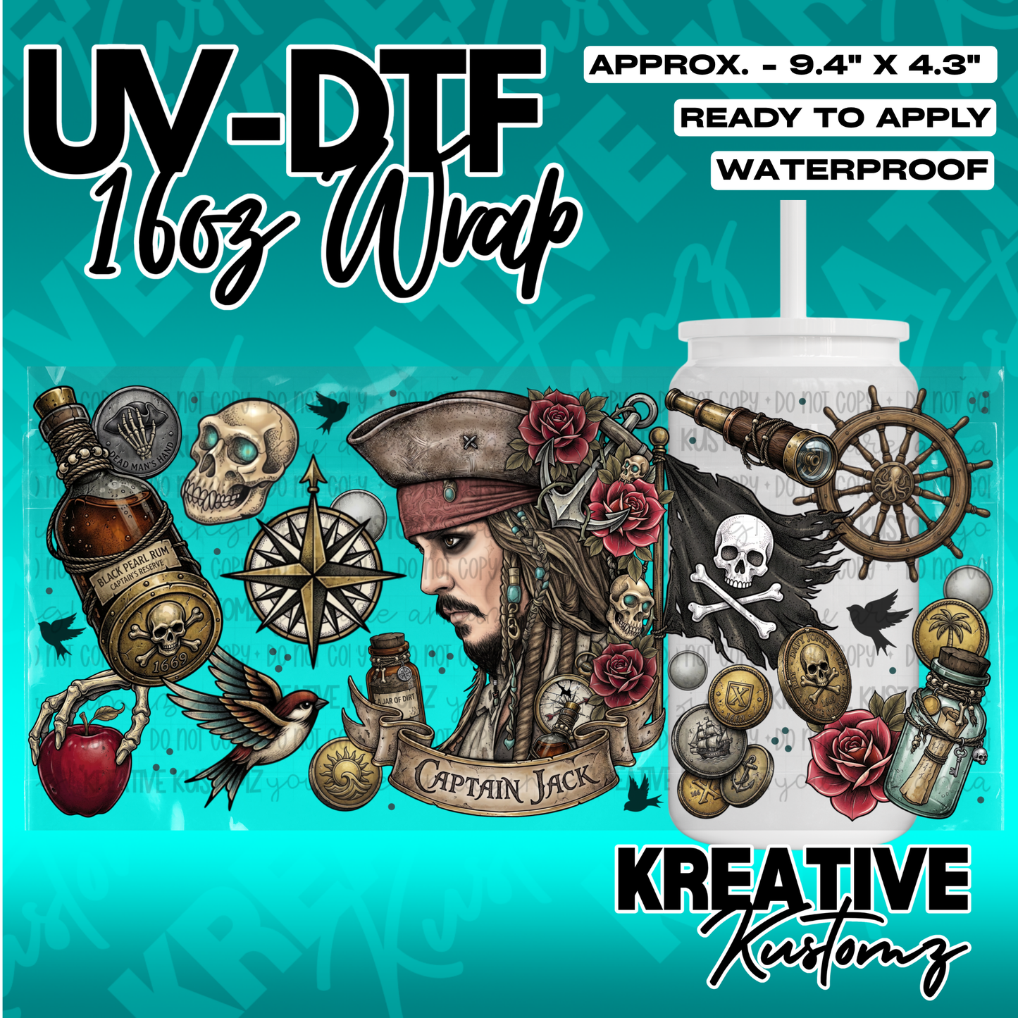A pirate-themed UV DTF adhesive wrap for a 16oz glass cup featuring Captain Jack Sparrow.