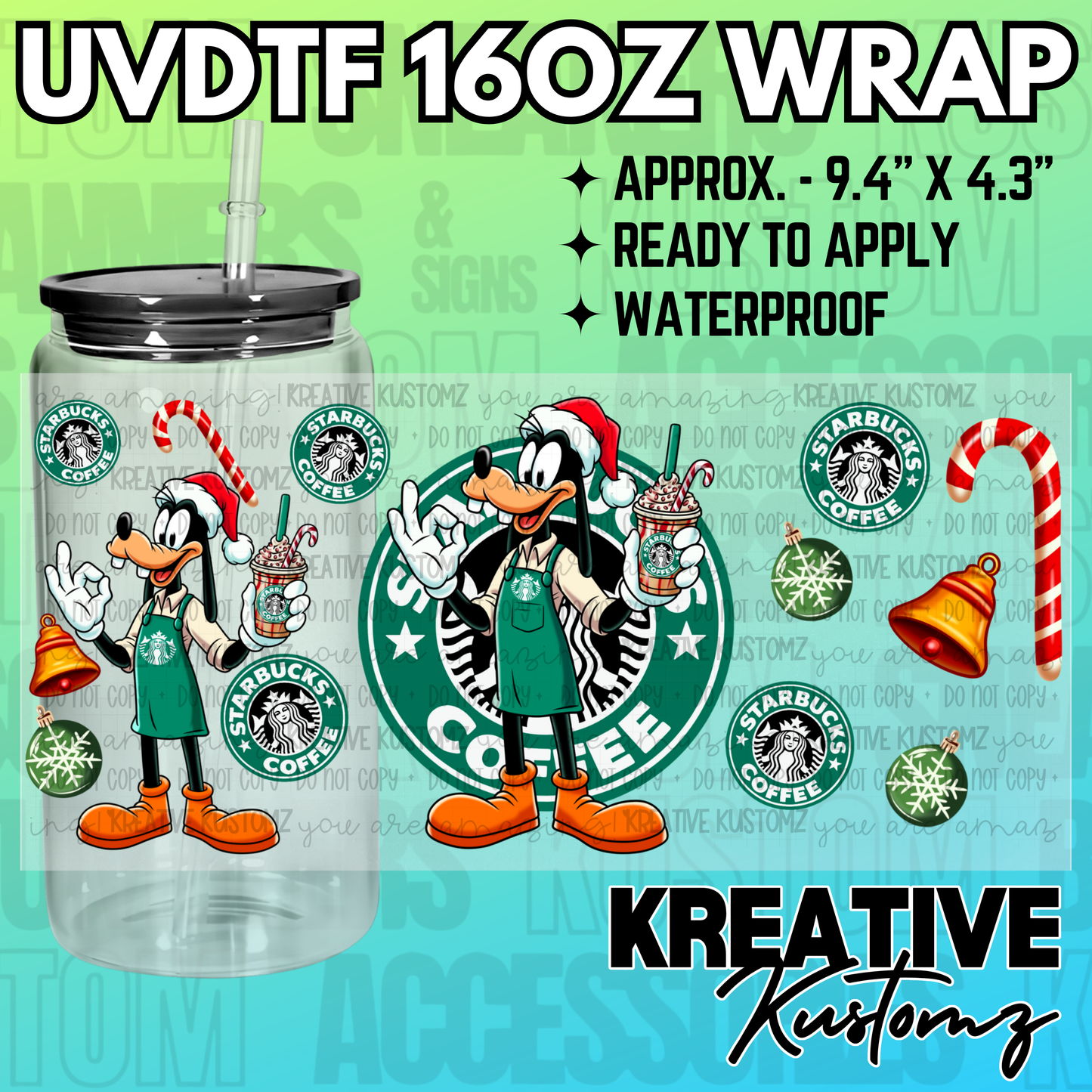 A festive Christmas-themed UV DTF wrap for a 16oz glass can featuring Goofy in a barista apron.