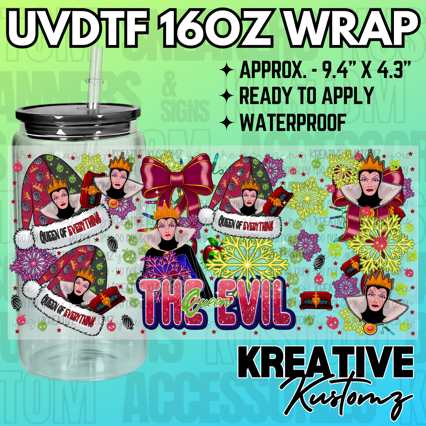 A UV DTF wrap for a 16oz glass can featuring the Evil Queen with Christmas-themed decorations.