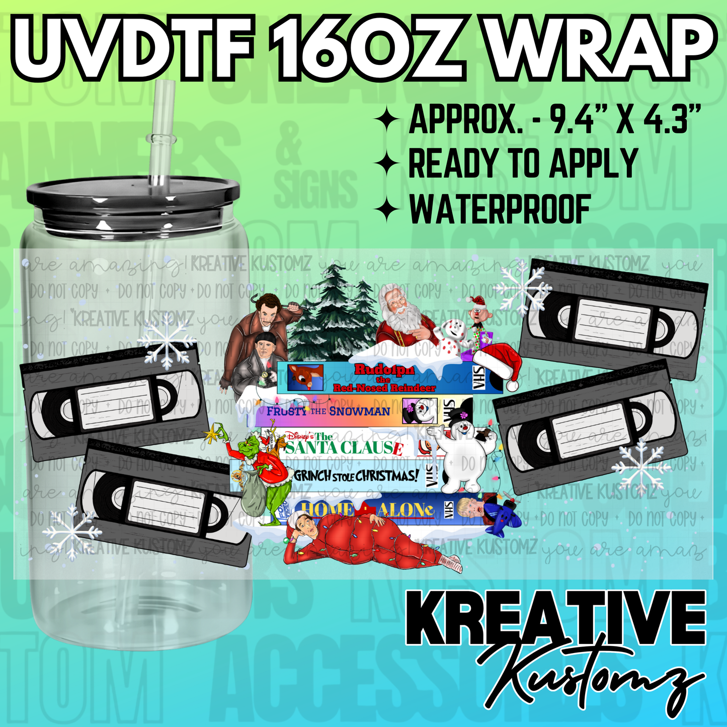 A festive Christmas themed adhesive wrap for a 16oz glass cup featuring classic holiday movies.