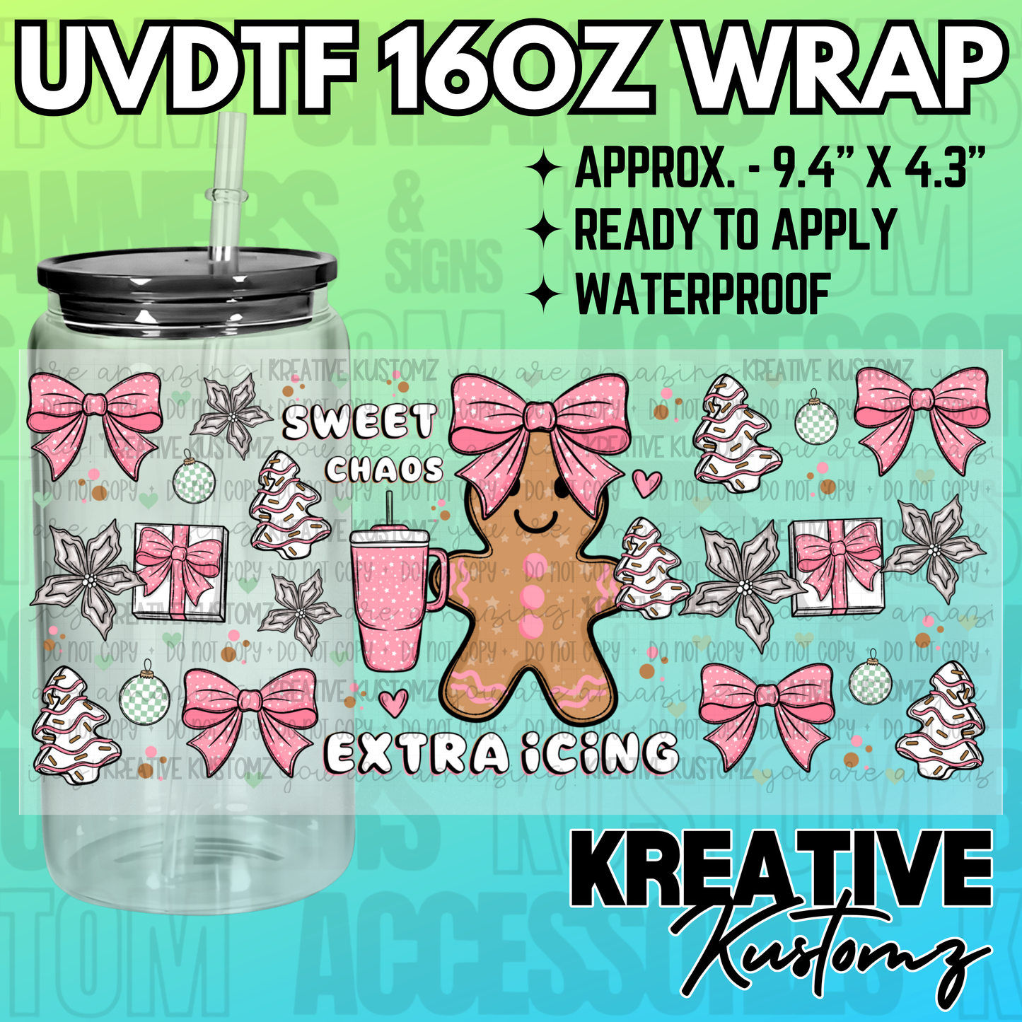 A Christmas-themed UV DTF wrap for a 16oz glass cup featuring gingerbread and bow designs.