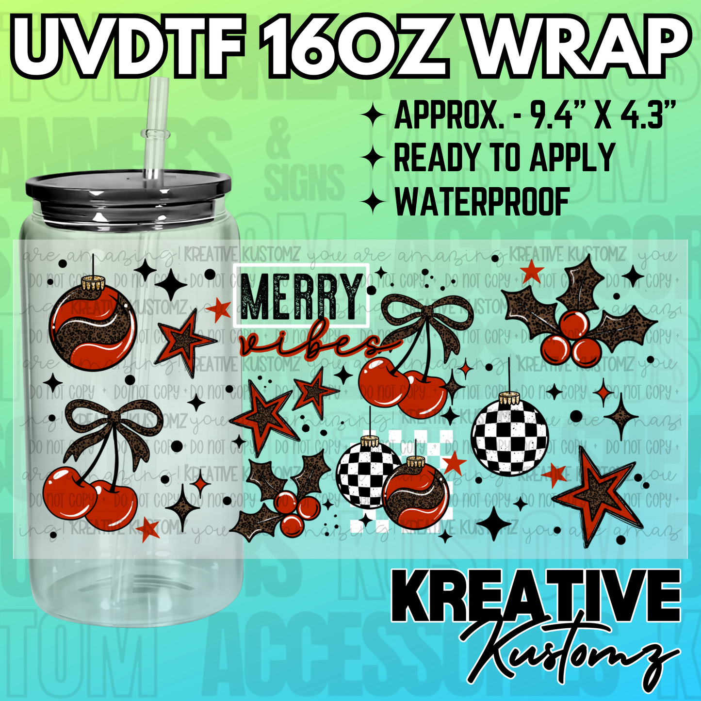 A Christmas themed UV DTF wrap for a 16oz glass can featuring red and black holiday ornaments.