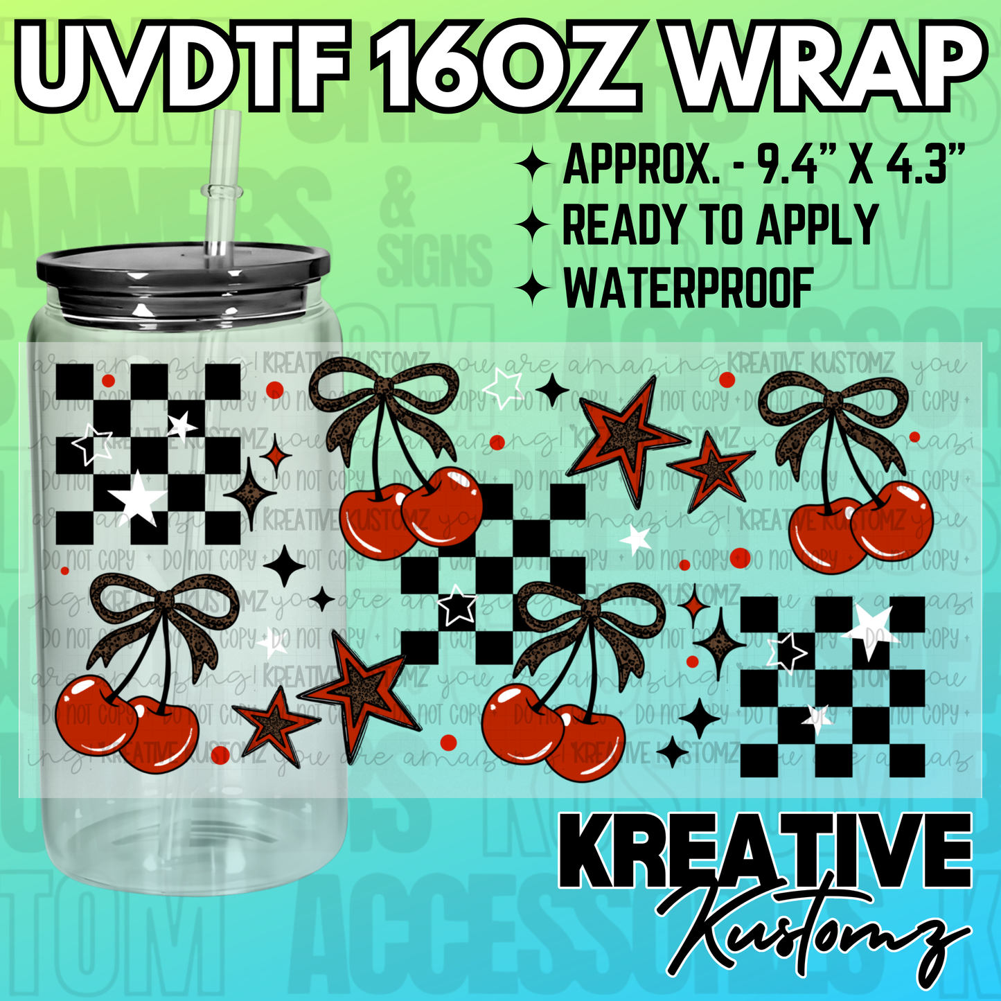 A 16oz glass can wrap featuring a pattern of cherries, leopard print bows, stars, and checkers.