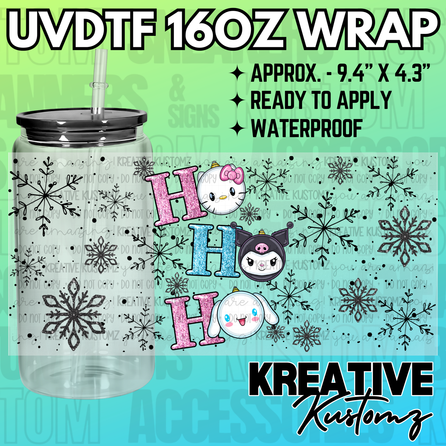A Christmas themed UV DTF wrap for a 16oz glass can featuring snowflakes and cartoon characters.