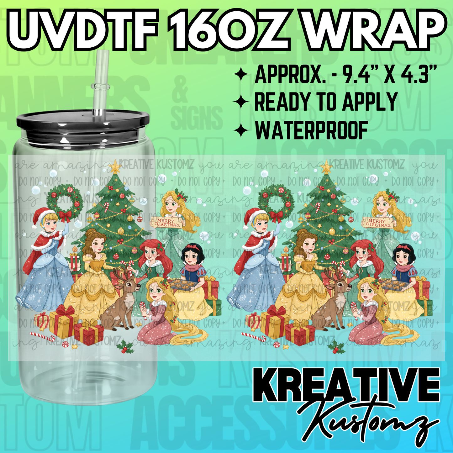 A Disney princess themed Christmas decal wrap for a 16oz glass can.
