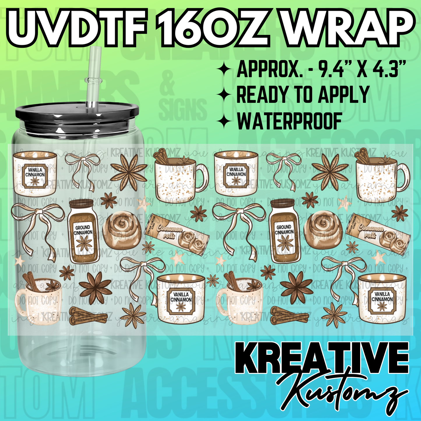 A festive cinnamon-themed UV DTF wrap for a 16oz glass can, featuring candles and spice motifs.