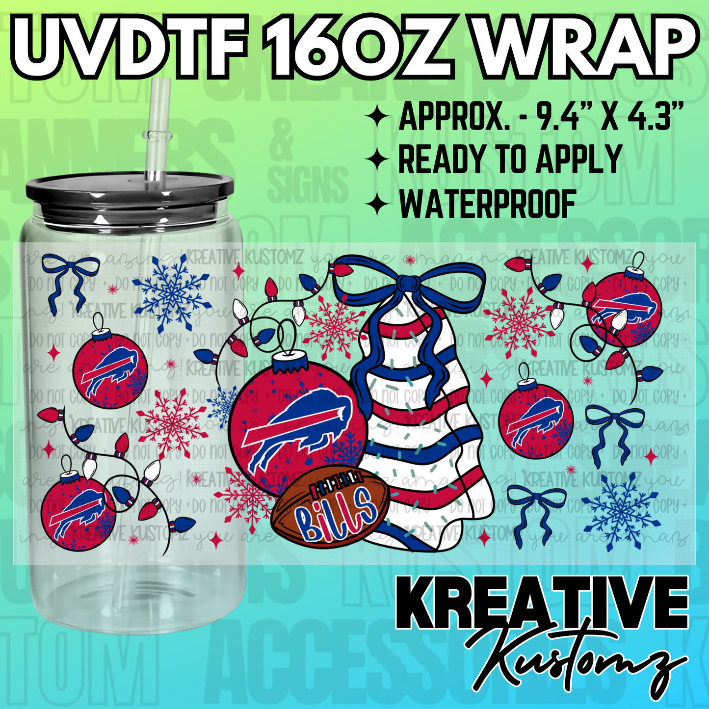 A Buffalo Bills themed Christmas decal wrap for a 16oz glass can.