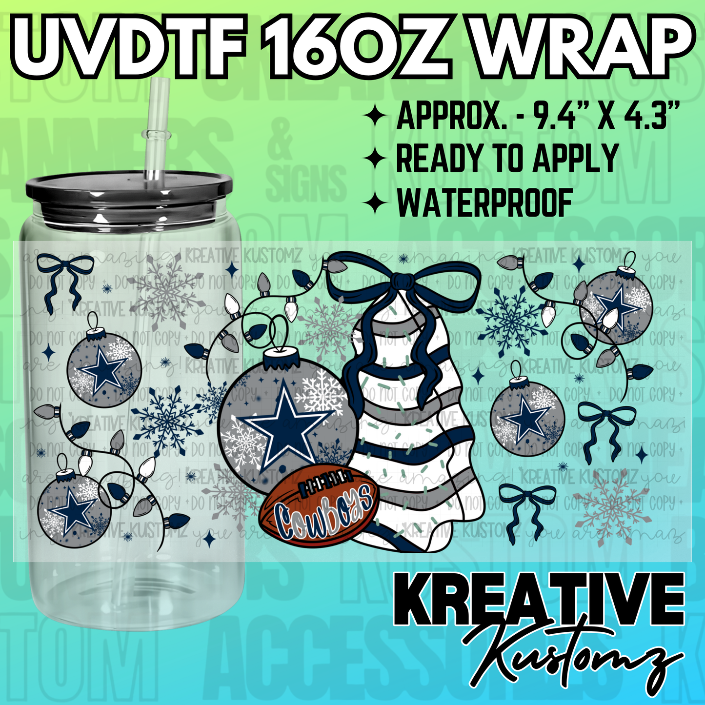 A Dallas Cowboys themed Christmas decal wrap for a 16oz glass can cup.