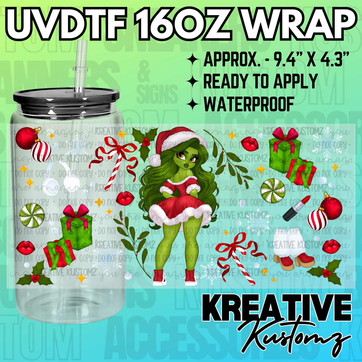 A Christmas-themed UV DTF decal wrap for a 16oz glass can featuring a green-skinned character.