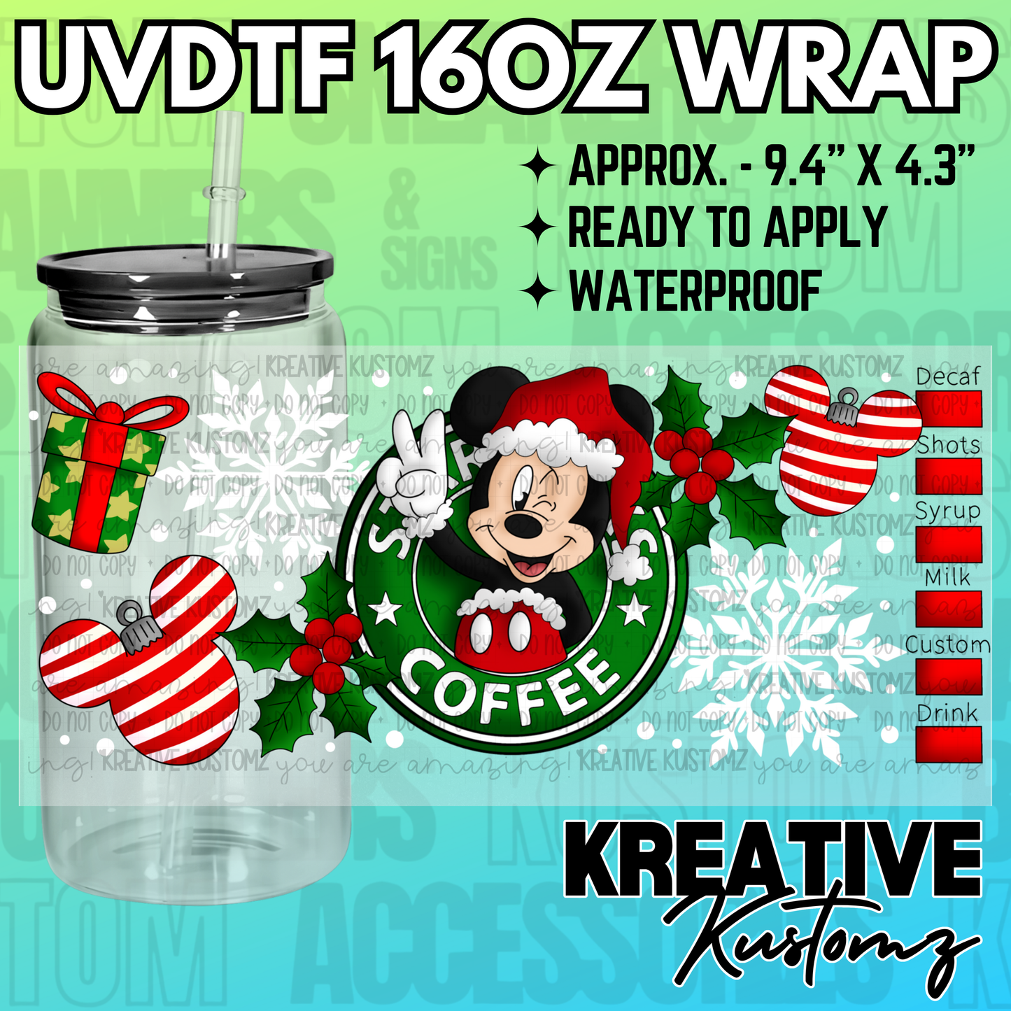 A Christmas-themed UV DTF wrap for a 16oz glass can featuring Mickey Mouse and holiday icons.