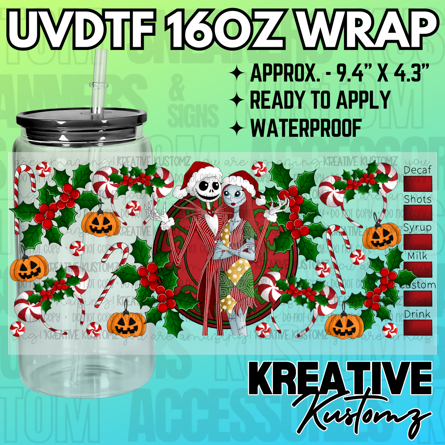 A Nightmare Before Christmas themed UV DTF wrap for a 16oz glass can featuring holiday motifs.