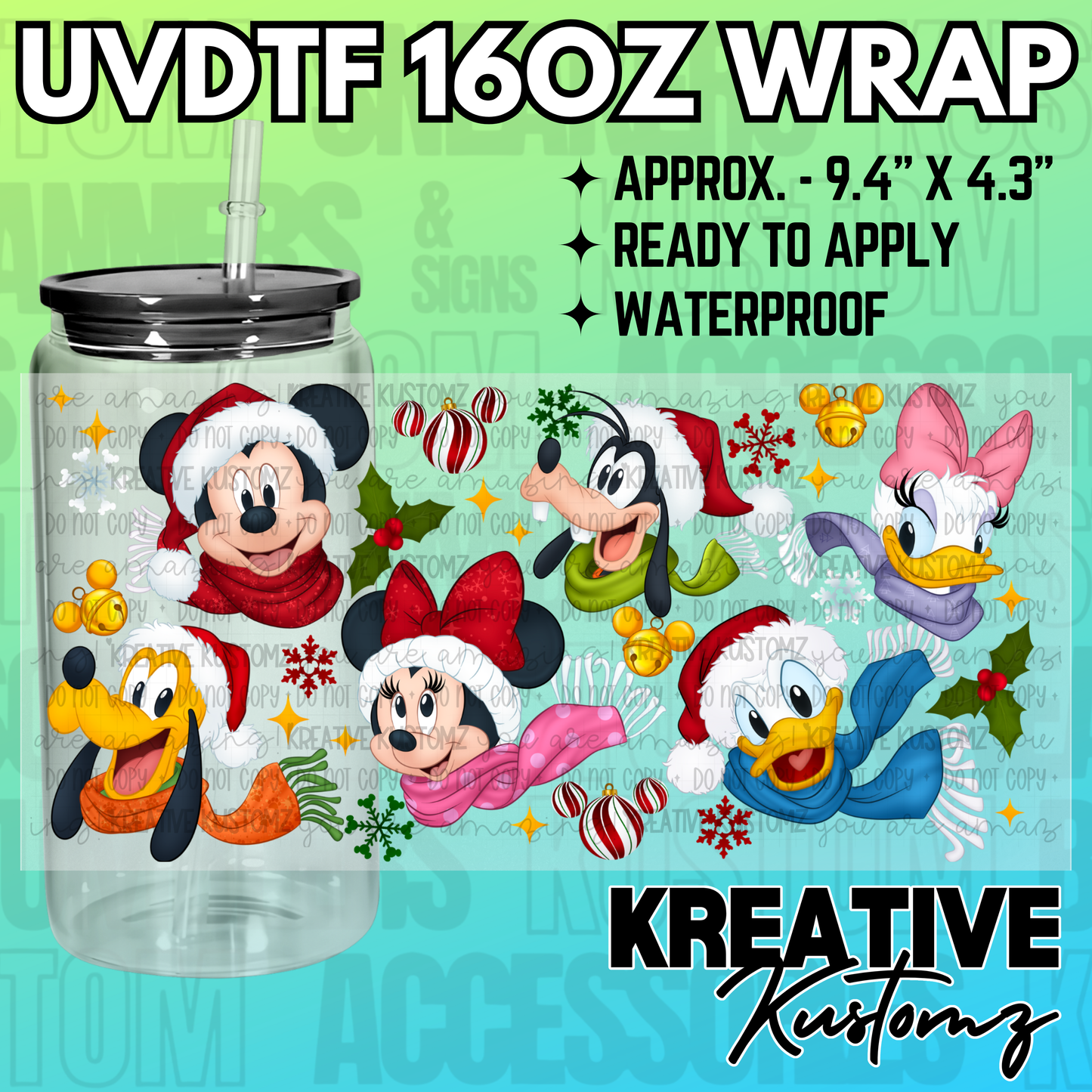 A Christmas-themed UV DTF wrap for a 16oz glass cup featuring Mickey, Minnie, and friends.