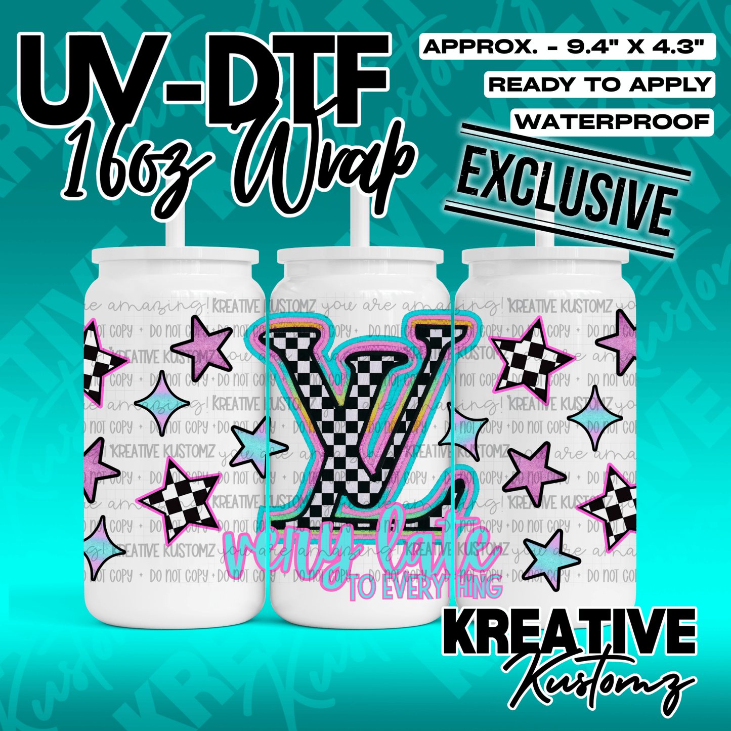 A UV DTF adhesive cup wrap featuring a checkered LV logo and stars for a 16oz glass can.