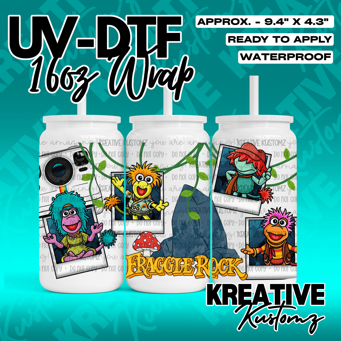 A Fraggle Rock themed UV DTF adhesive wrap for 16oz glass cans featuring cartoon characters.