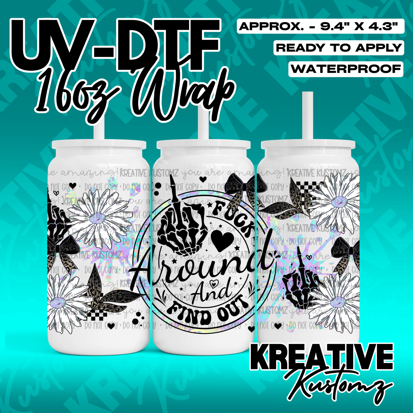 A UV DTF adhesive wrap for 16oz glass cans featuring a skeleton hand and floral design.